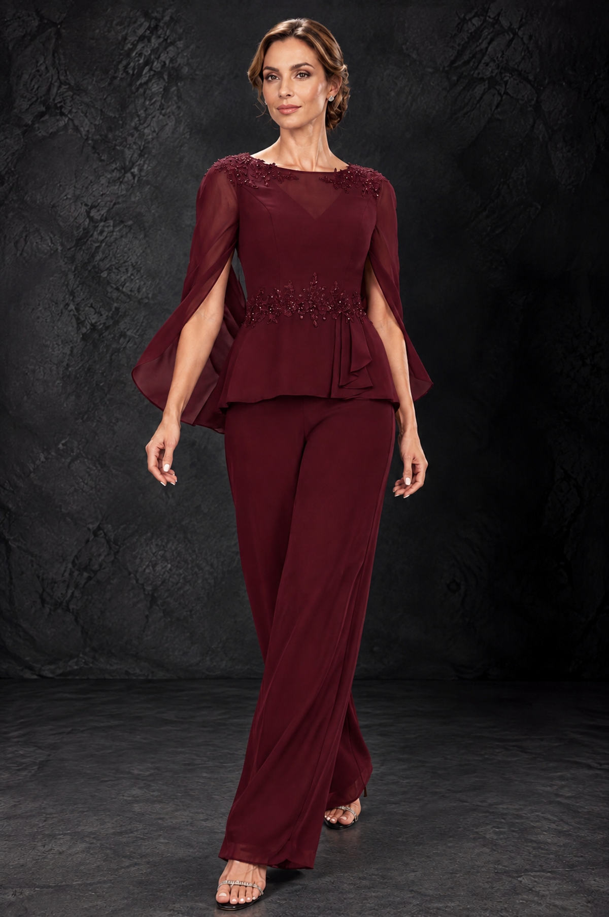 BOLODOO Burgundy Embellished Cape Sleeve Mother of the Bride Pantsuit - Burgundy - Burgundy_4
