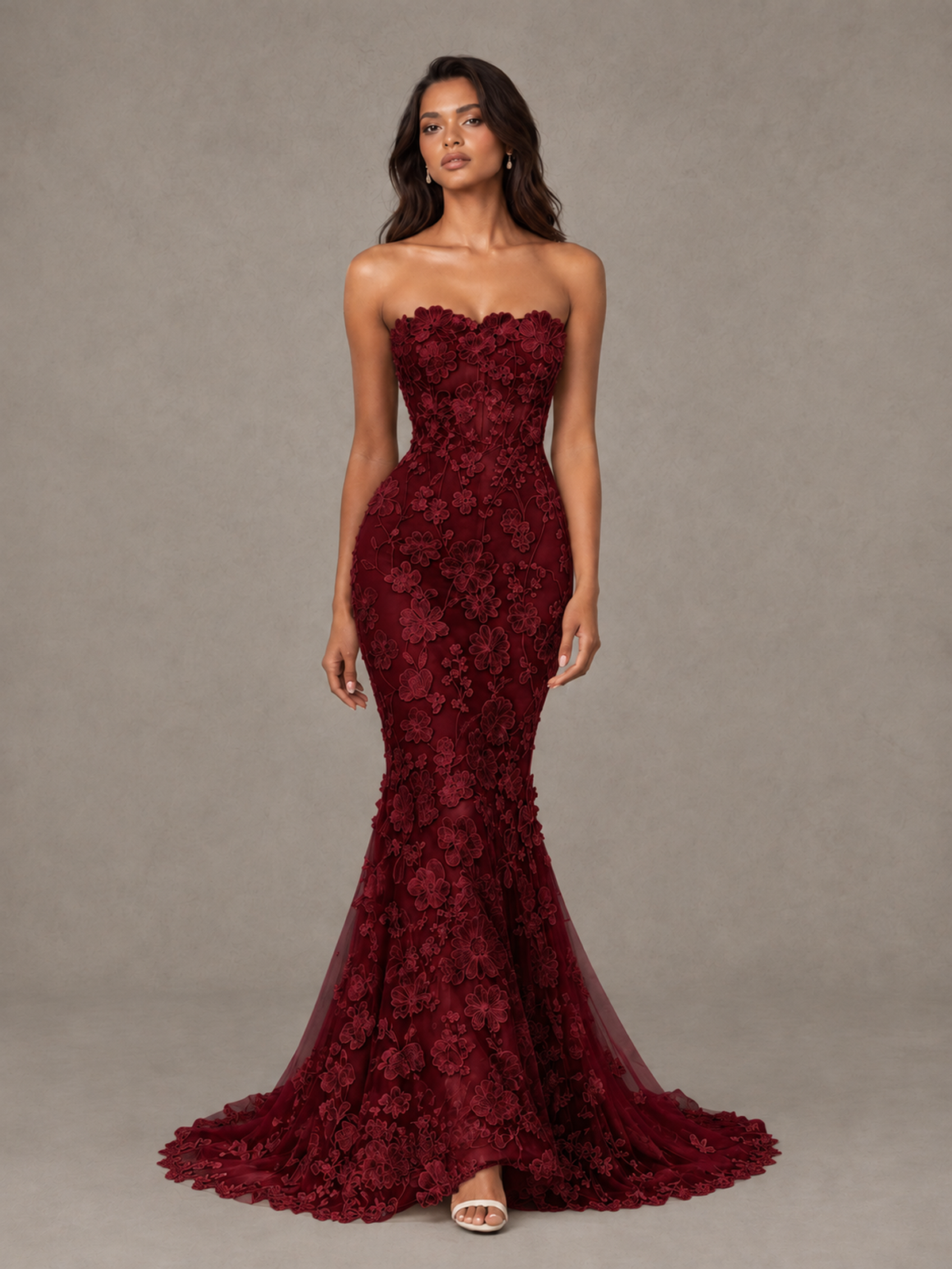BOLODOO Burgundy Strapless 3D Floral Lace Mermaid Prom Dress with Train - Burgundy - Burgundy_4