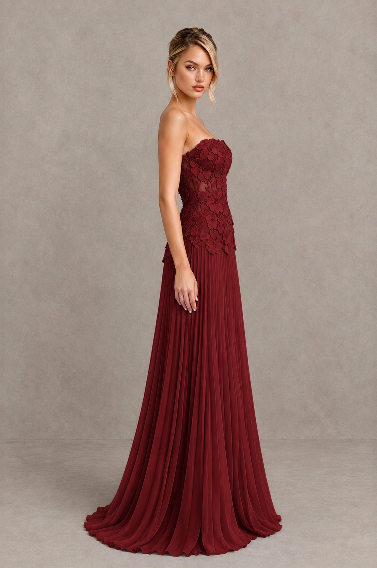 BOLODOO Burgundy Strapless Floral Applique Pleated Evening Dress - Burgundy - Burgundy_4