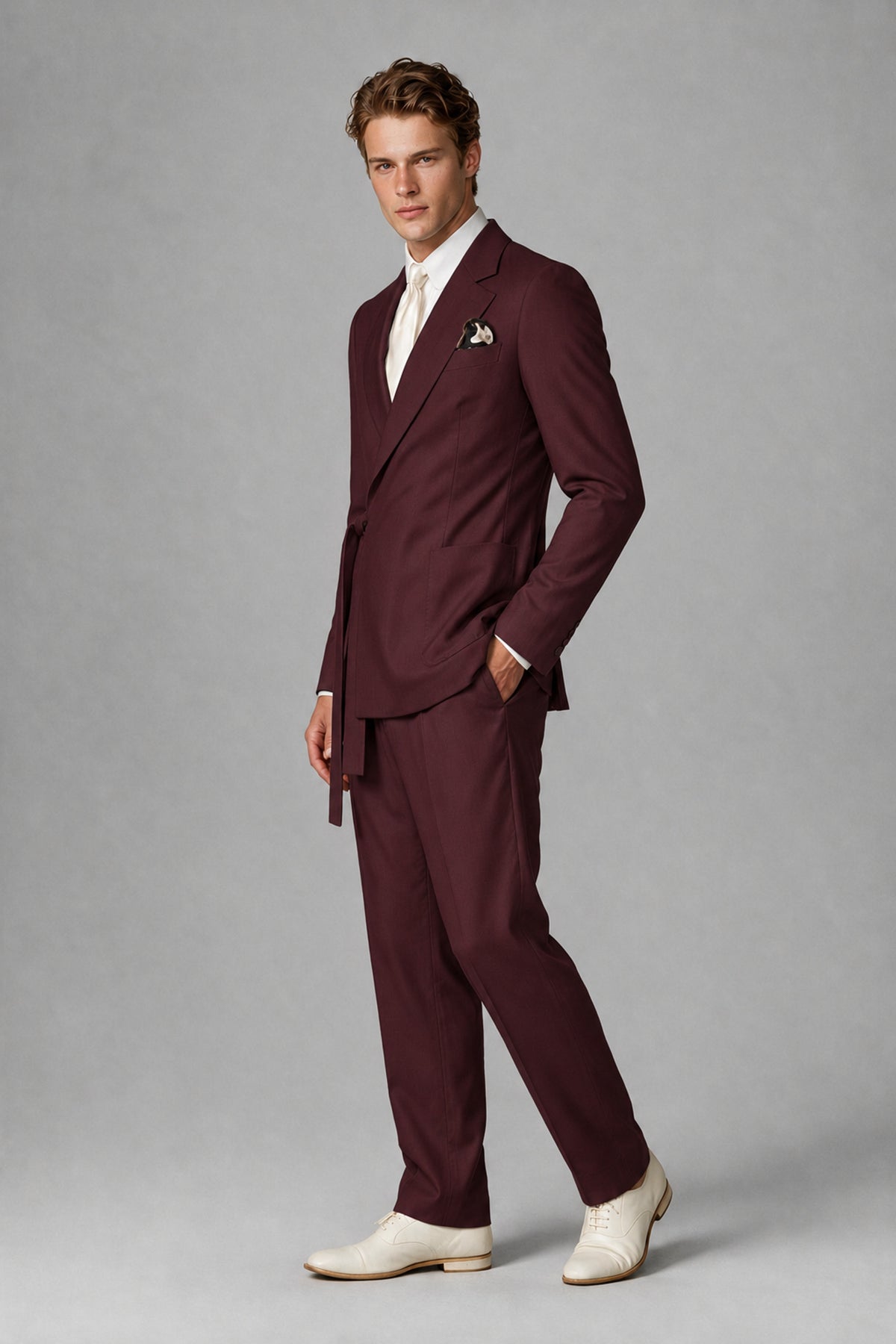 Bolodoo Men's Burgundy Wrap Tie-Waist Two-Piece Suit – Jacket & Trousers - Burgundy - Burgundy_4