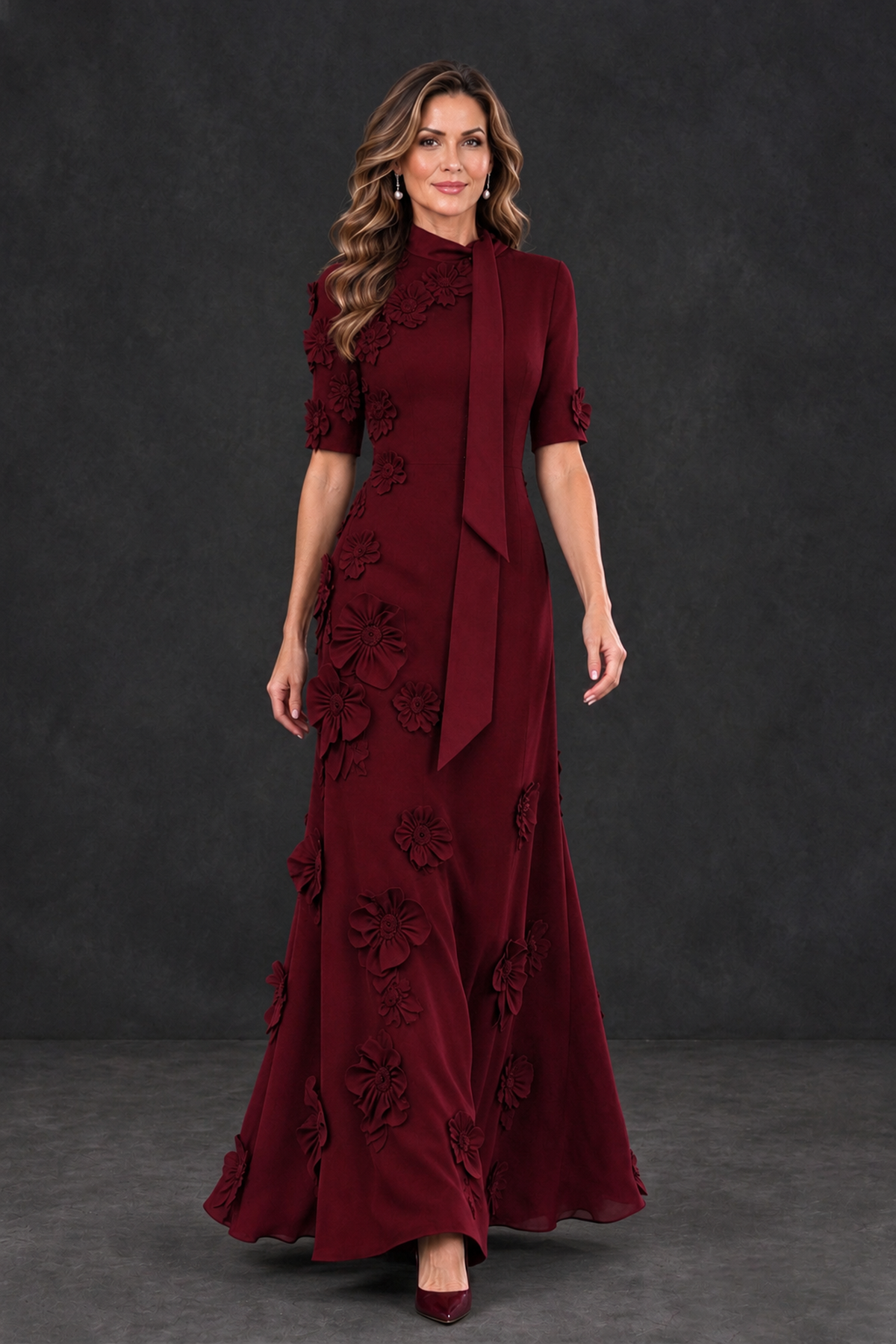 BOLODOO Burgundy Floral Applique High-Neck Half-Sleeve Gown - Burgundy - Burgundy_4