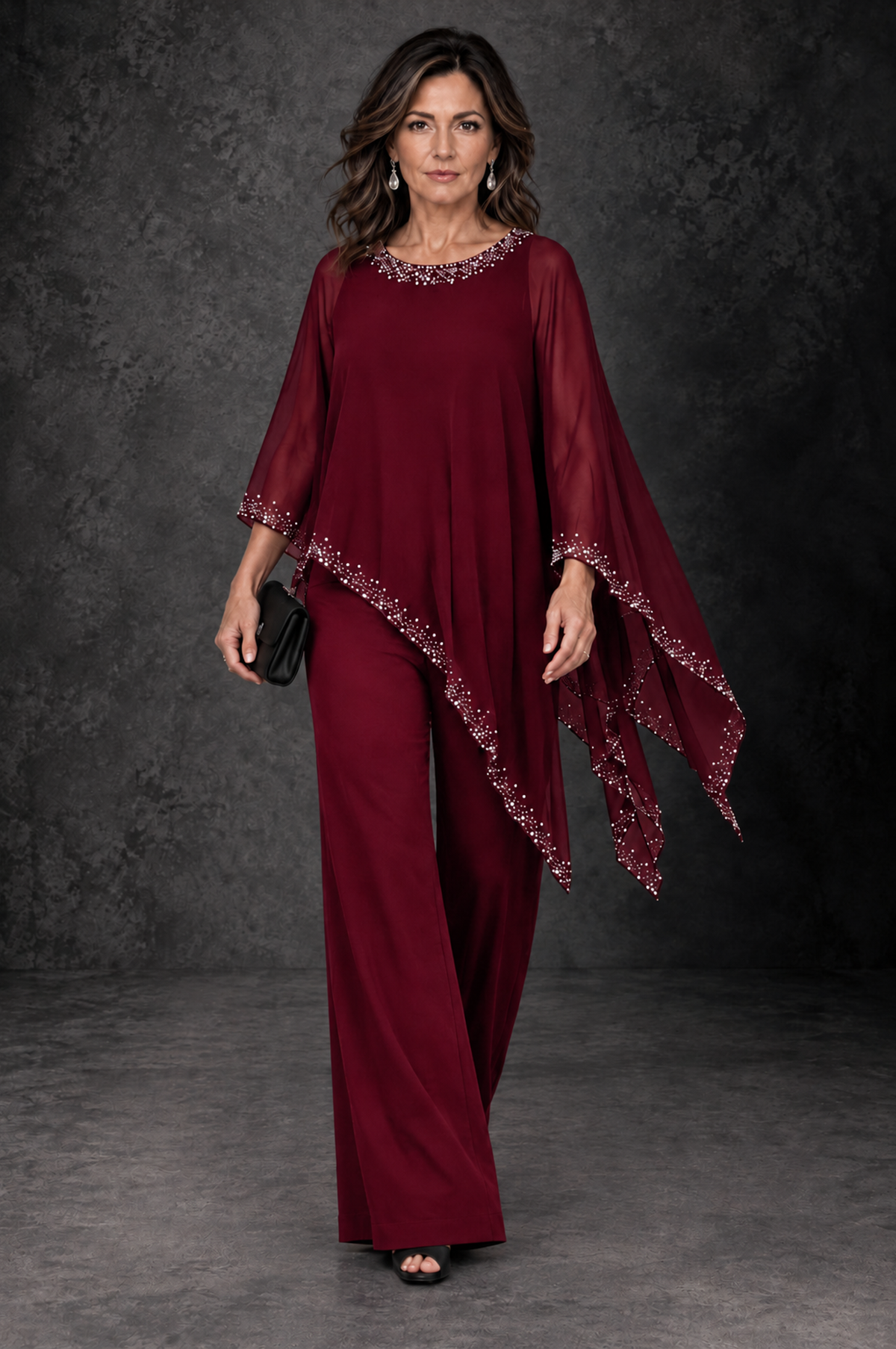 BOLODOO Burgundy Embellished Cape Mother of the Bride Pantsuit - Burgundy - Burgundy_4