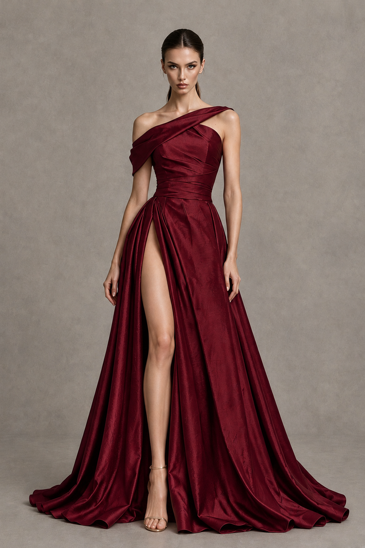 BOLODOO Burgundy Asymmetric Satin-Look A-Line Prom Dress with High Slit - Burgundy - Burgundy_4