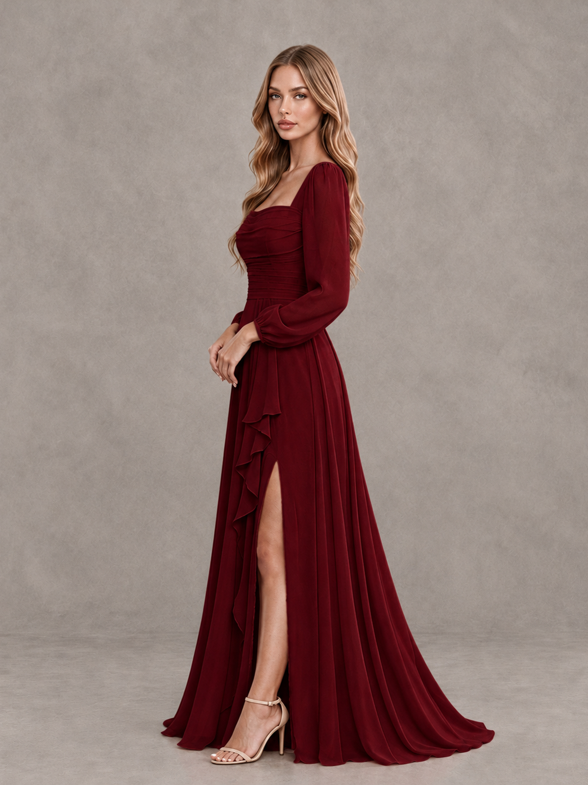 BOLODOO Burgundy Square Neck Long Sleeve Bridesmaid Dress with Ruffle Slit - Burgundy - Burgundy_4