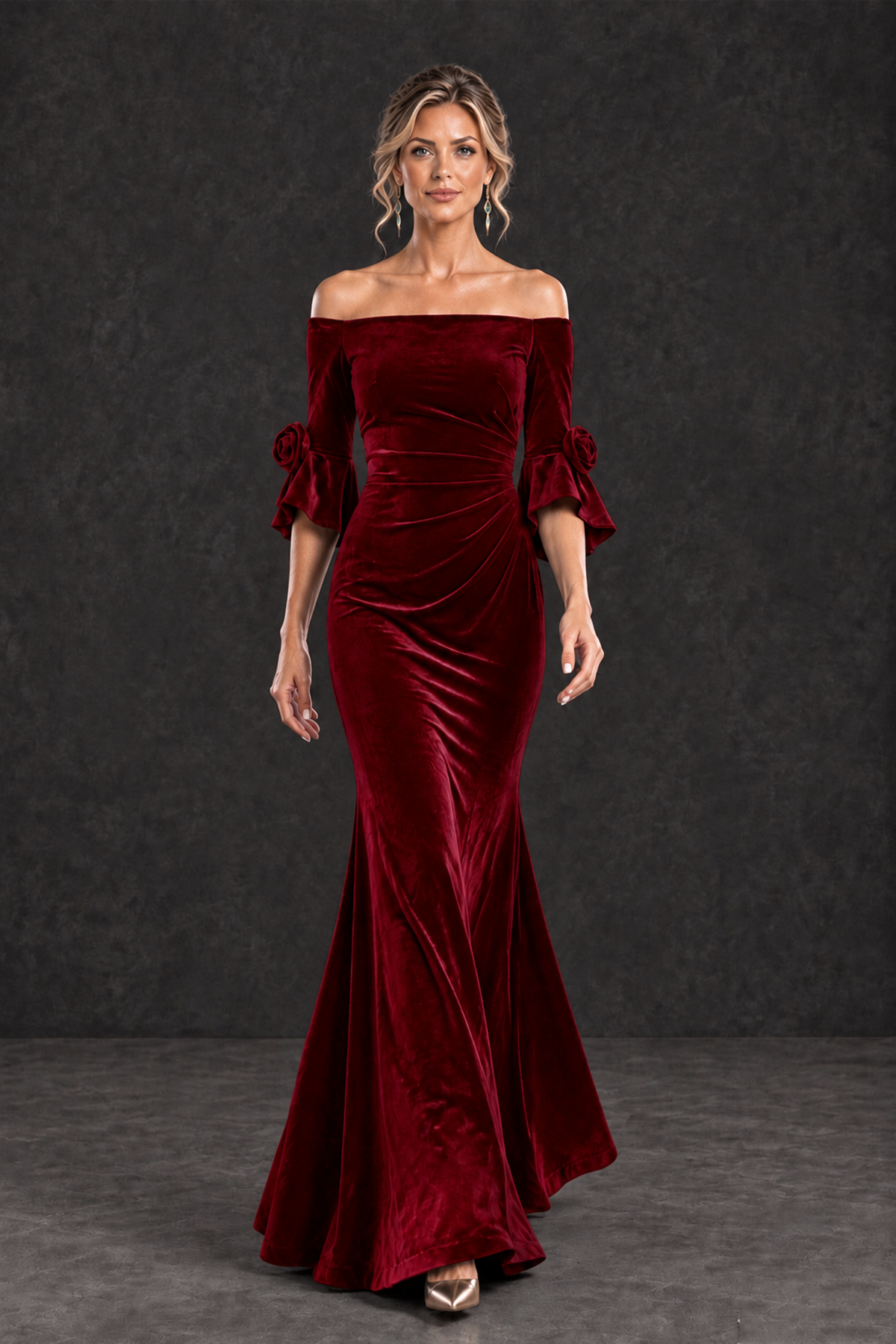 BOLODOO Burgundy Velvet Off-Shoulder Mother of the Bride Dress – 3/4 Floral Cuff Sleeve Mermaid Evening Gown - Burgundy - Burgundy_4