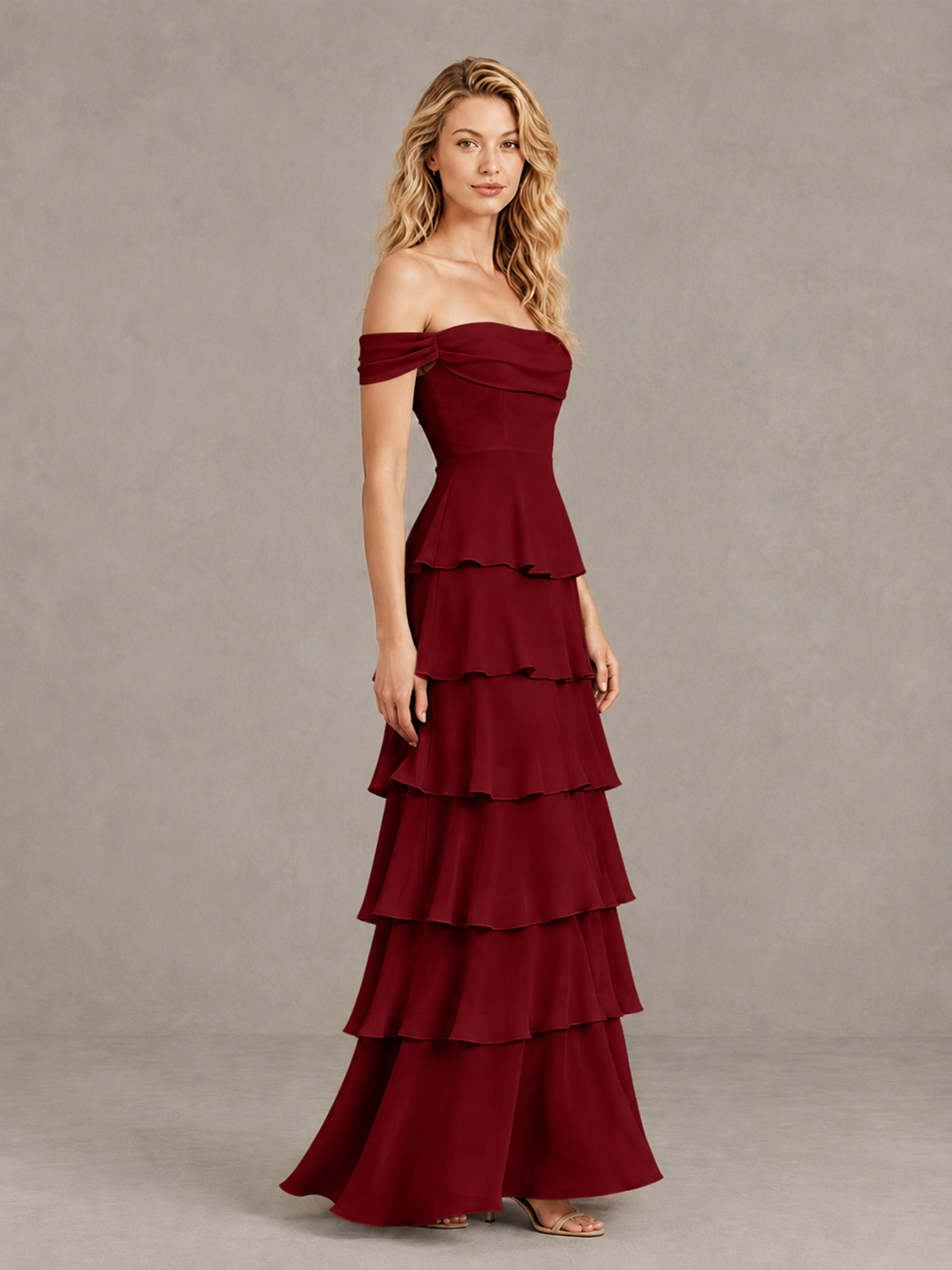 BOLODOO Burgundy Off-Shoulder Tiered Ruffle Bridesmaid Dress with Lace-Up Back - Burgundy - Burgundy_4