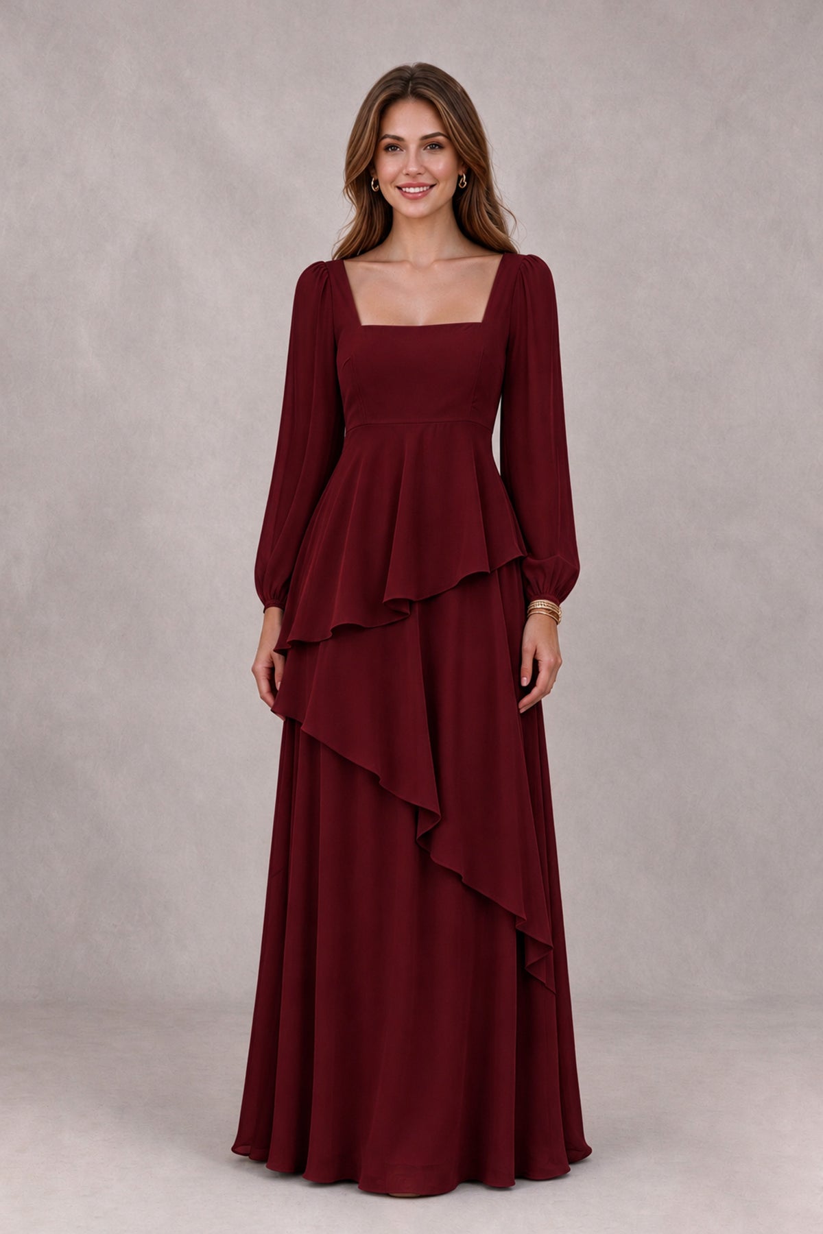 BOLODOO Burgundy Long Sleeve Ruffle Bridesmaid Dresses - Burgundy - Burgundy_4