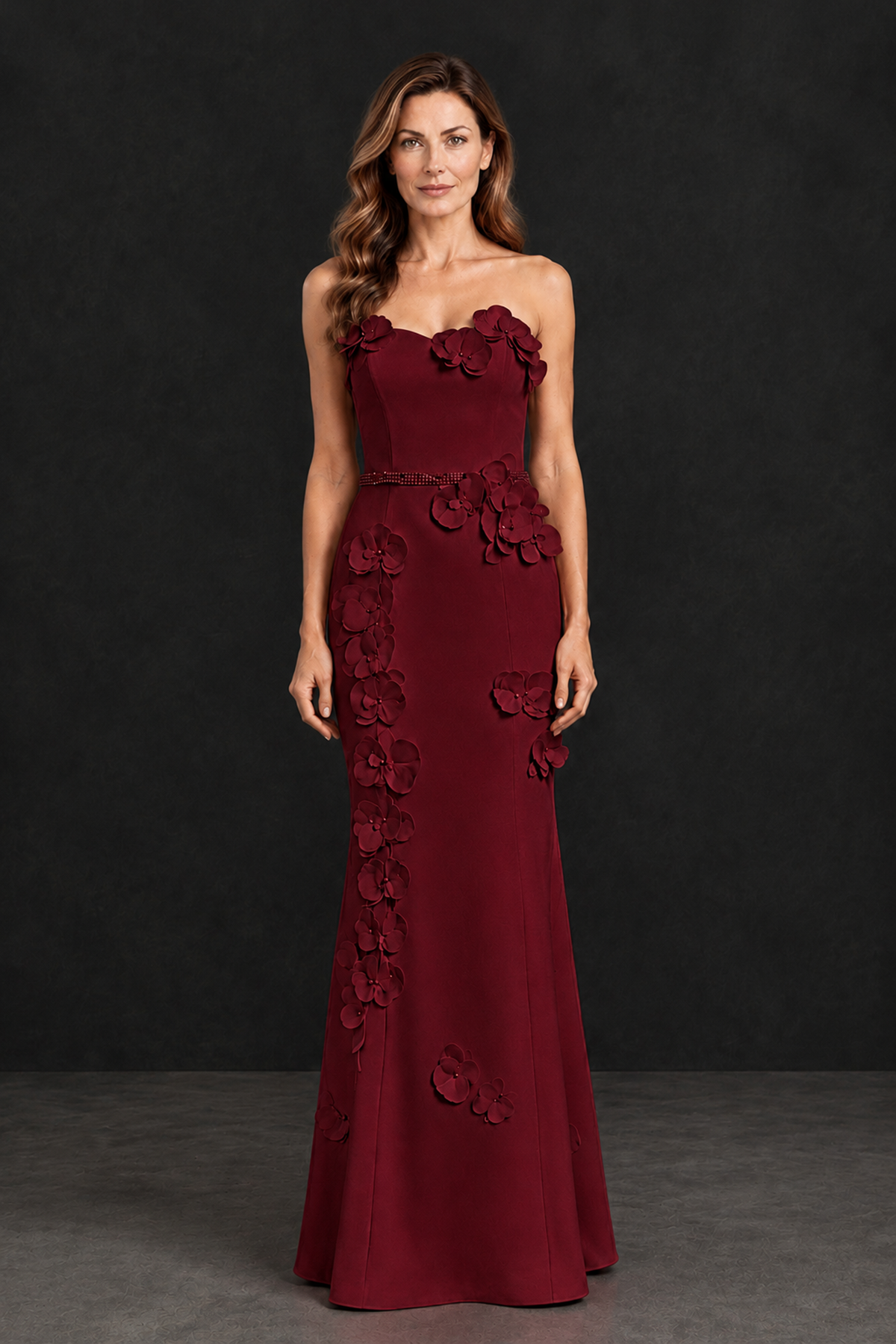 BOLODOO Burgundy Strapless Mother of the Bride Dress with 3D Floral Appliques - Burgundy - Burgundy_4