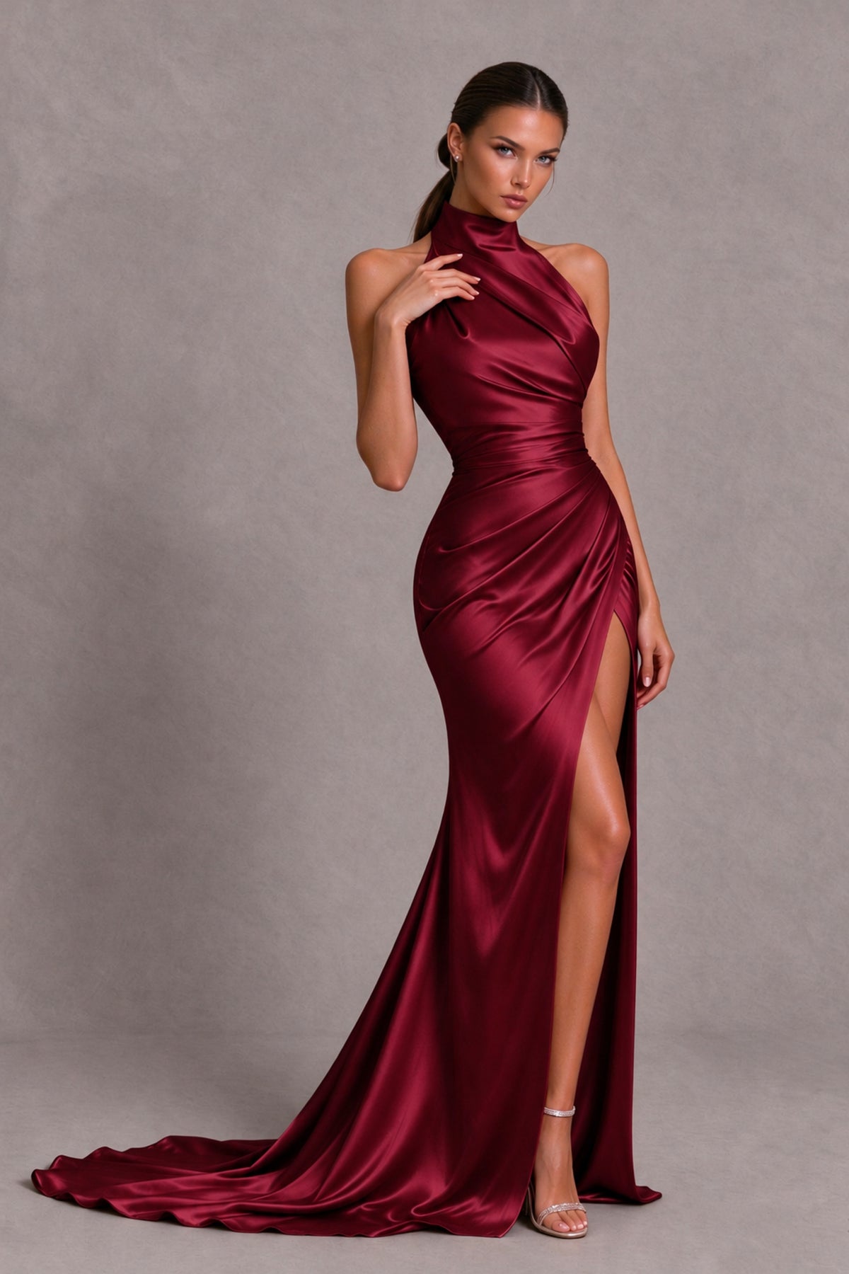 BOLODOO Burgundy Halter Satin-Look Evening Gown with High Slit - Burgundy - Burgundy_4