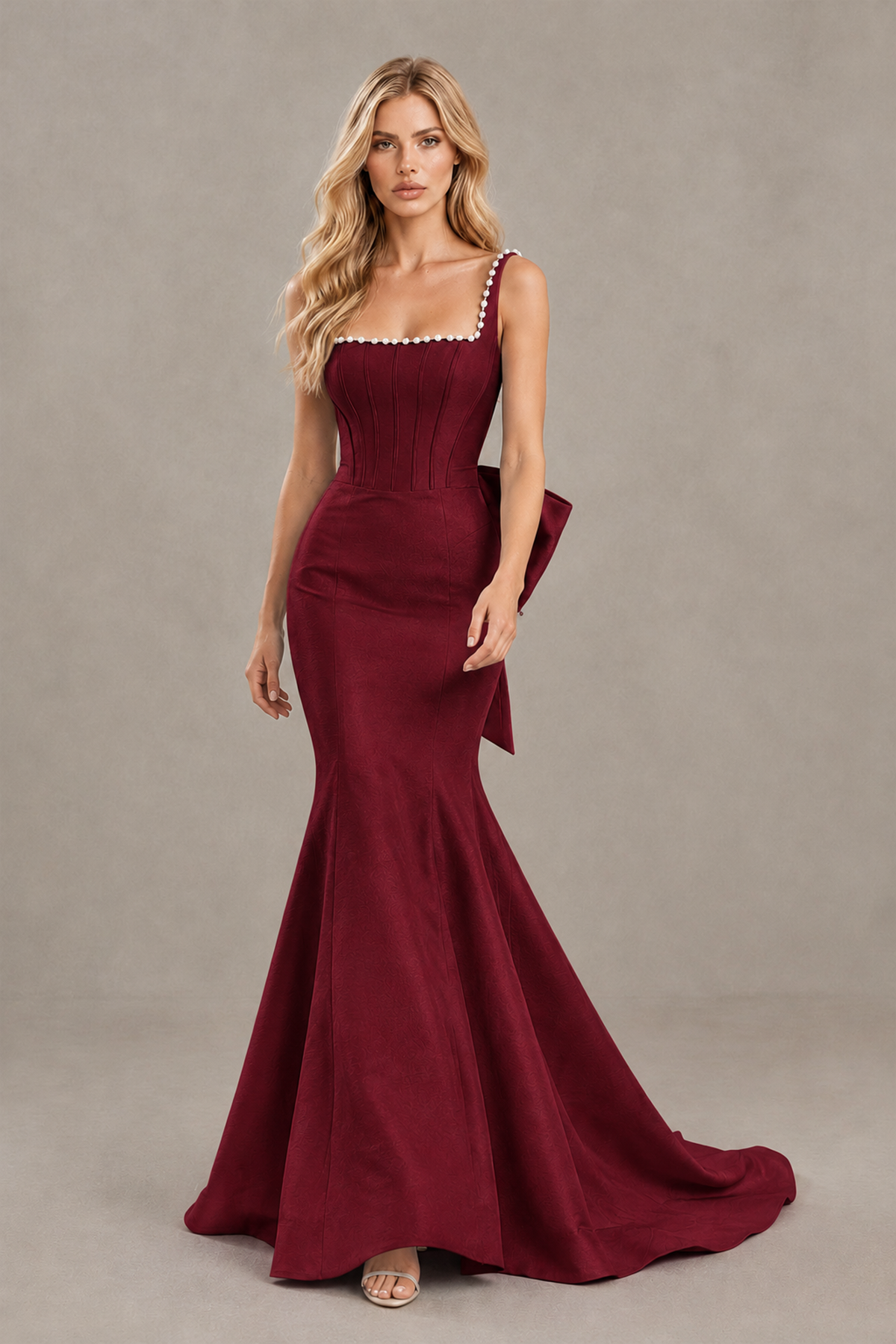 BOLODOO Burgundy Pearl-Trim Mermaid Prom Dress with Back Bow - Burgundy - Burgundy_4