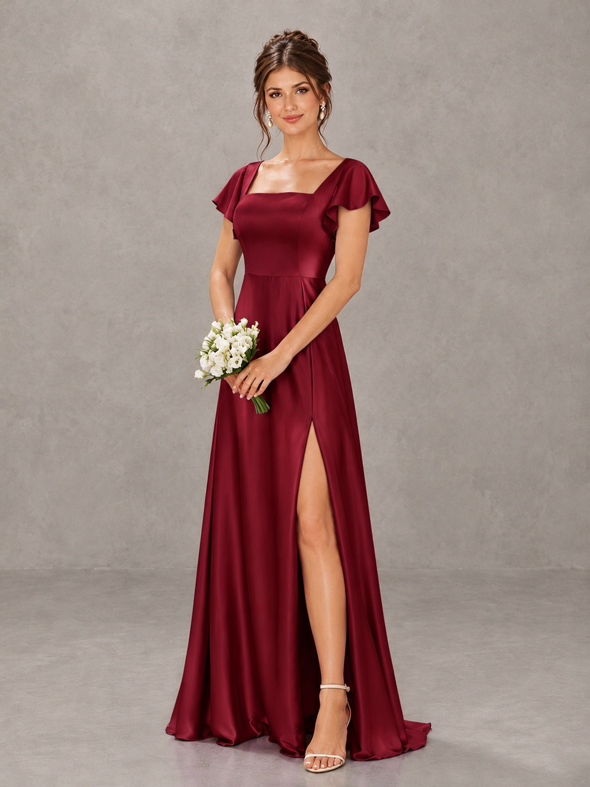 BOLODOO Burgundy Satin Square Neck Flutter Sleeve A-Line Bridesmaid Dress with Slit - Burgundy - Burgundy_4