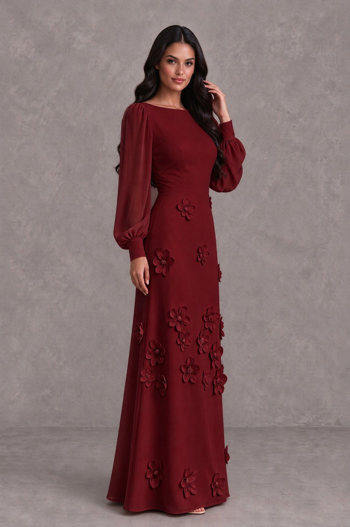 BOLODOO Burgundy Long Sleeve Floral Applique A-Line Evening Dress - Burgundy - Burgundy_4