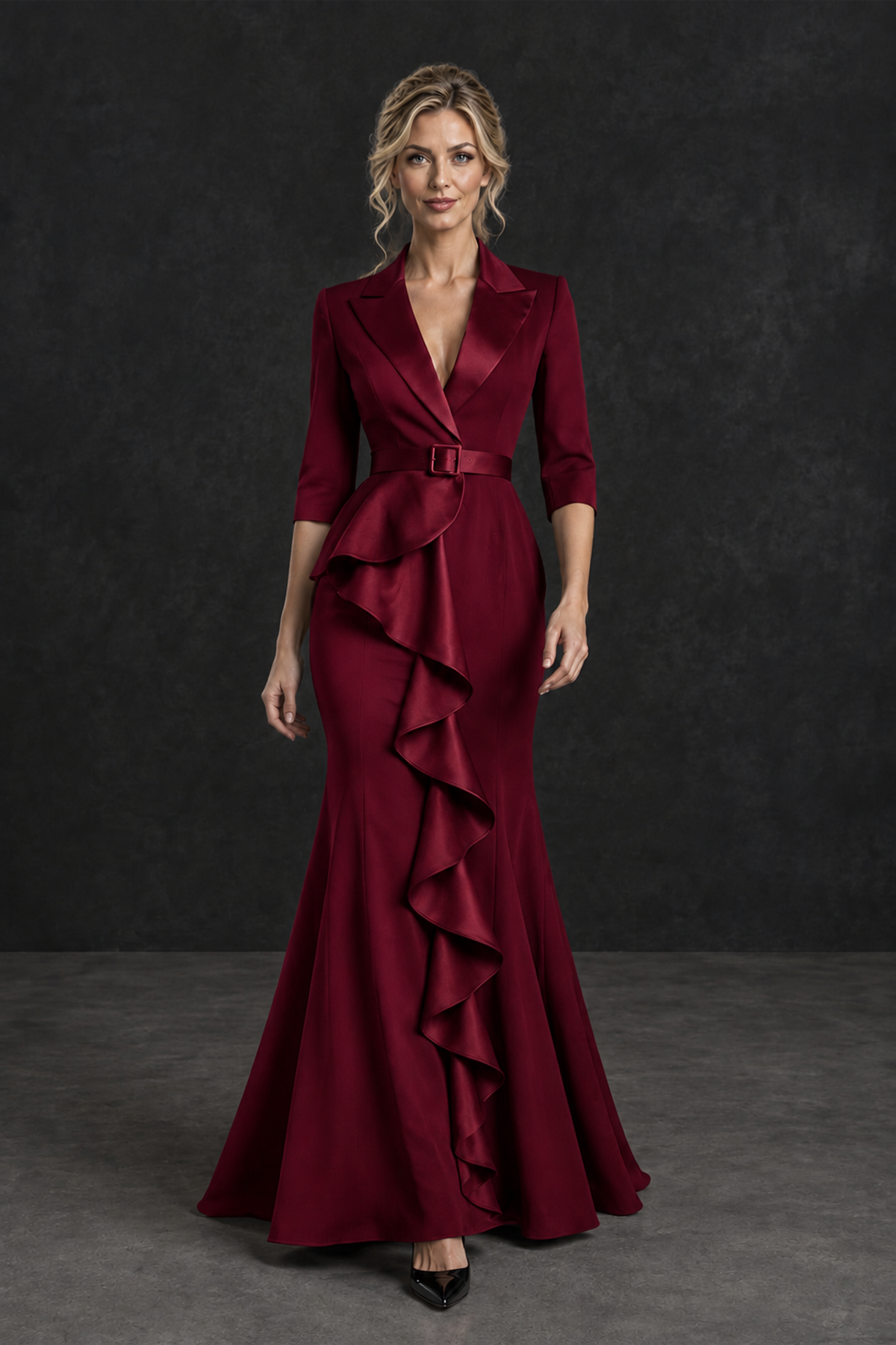 BOLODOO Burgundy Lapel Ruffle Mother of the Bride Dress with Belt - Burgundy - Burgundy_4