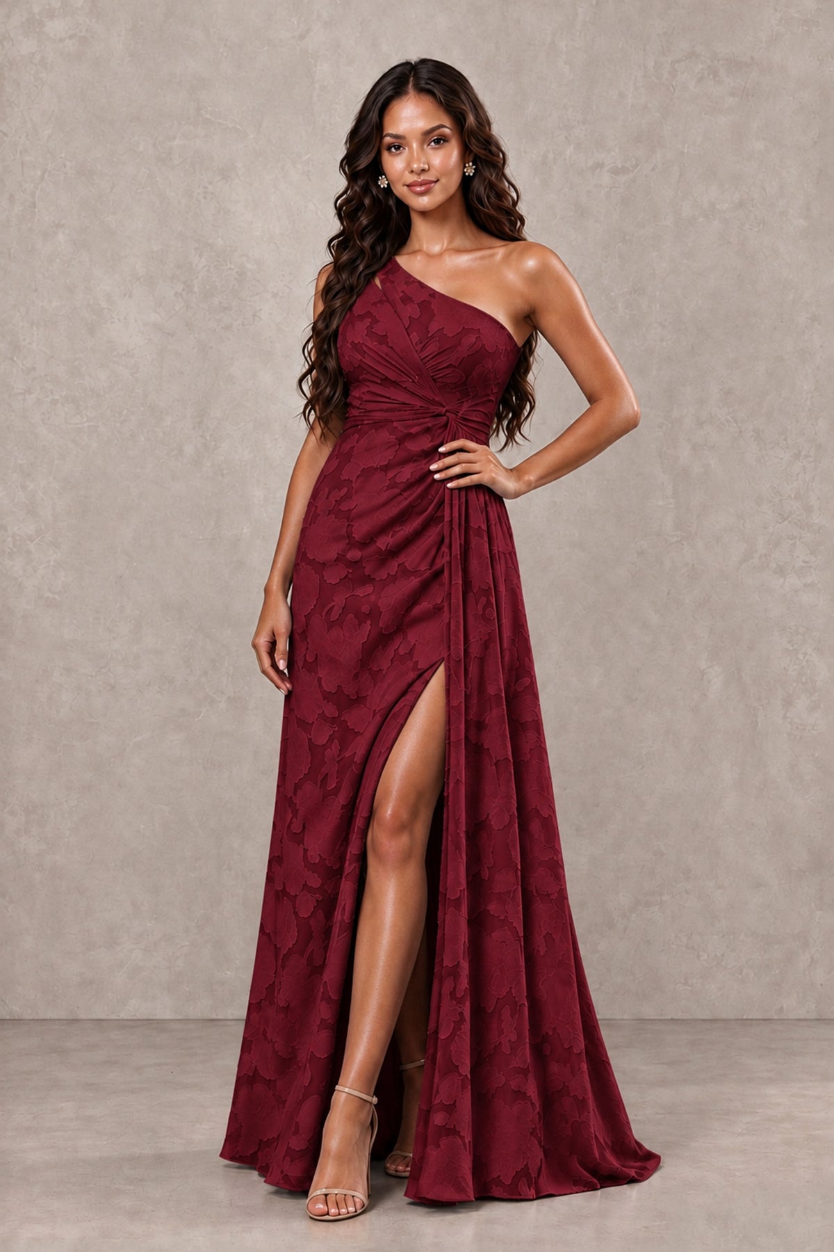 BOLODOO Burgundy One-Shoulder Floral Textured Maxi Dress with High Slit - Burgundy - Burgundy_4