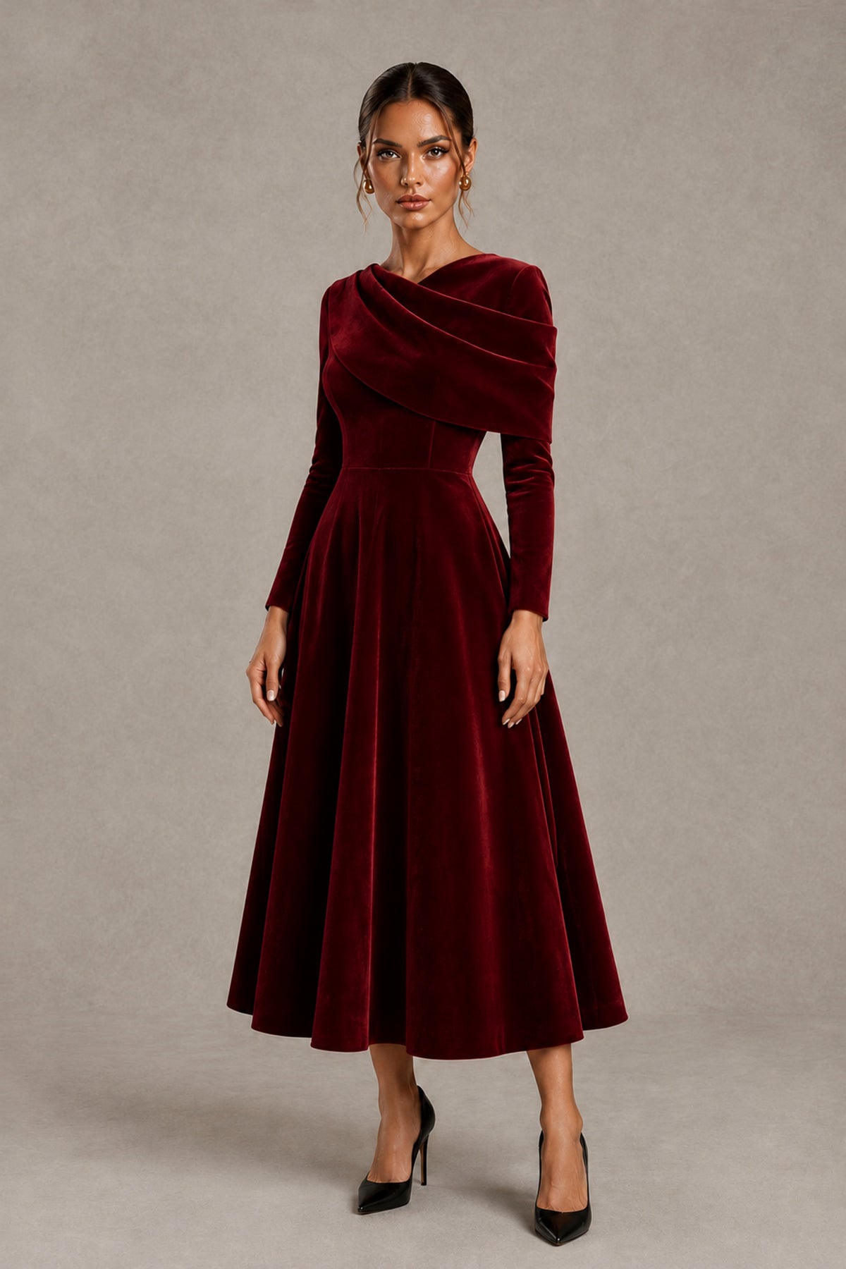 BOLODOO Burgundy Velvet-Look Long Sleeve Tea-Length A-Line Dress with Draped Neckline - Burgundy - Burgundy_4