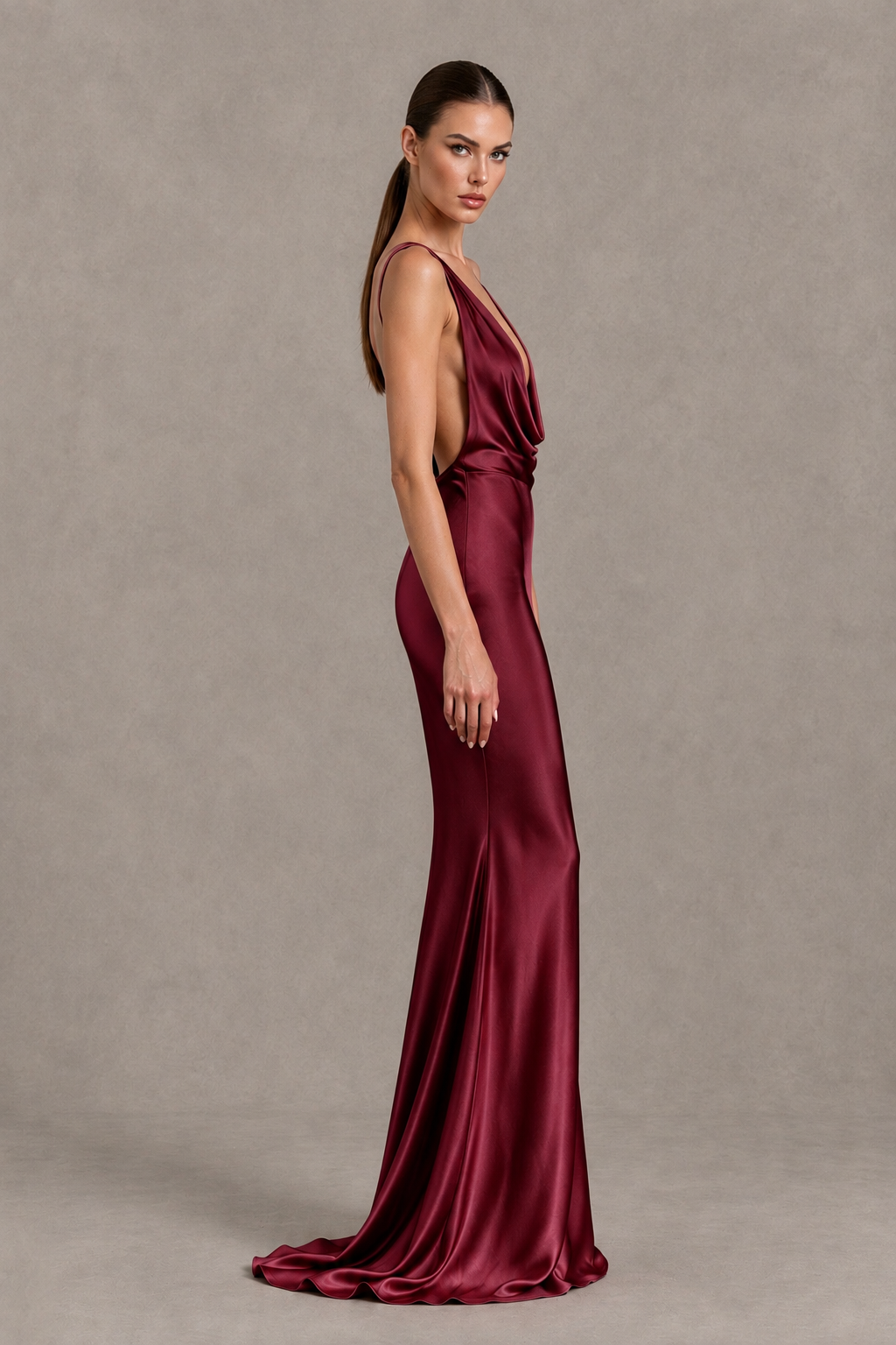 BOLODOO Burgundy Cowl Neck Backless Satin Mermaid Evening Dress - Burgundy - Burgundy_4