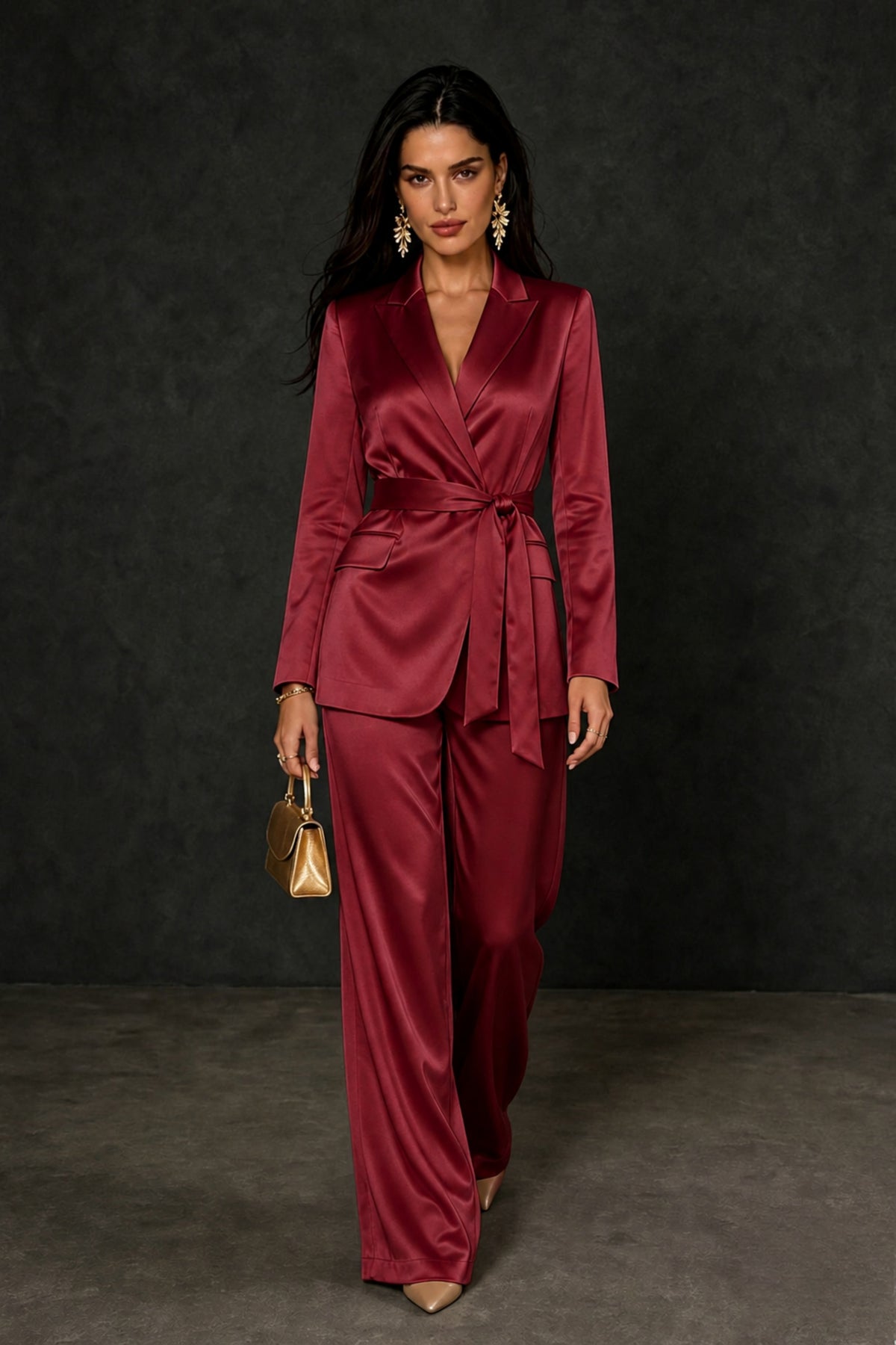 BOLODOO Burgundy Satin Wrap Blazer Wide-Leg Pants Two-Piece Suit Set – Evening Gala Wedding Guest - Burgundy