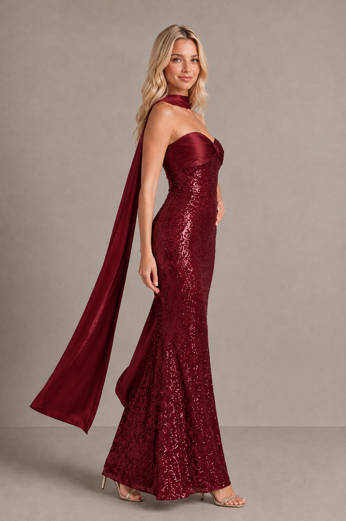 BOLODOO Burgundy Strapless Sweetheart Evening Dress with Scarf - Burgundy - Burgundy_4