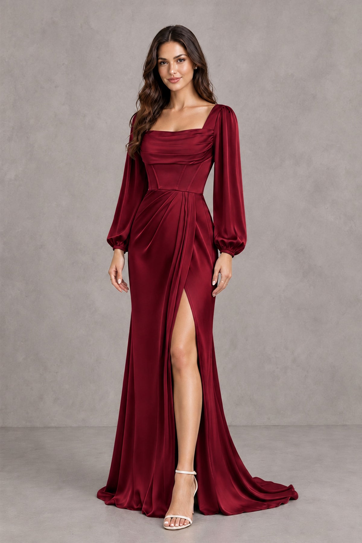 BOLODOO Burgundy Satin-Look Long Sleeve Evening Dress with High Slit - Burgundy - Burgundy_4