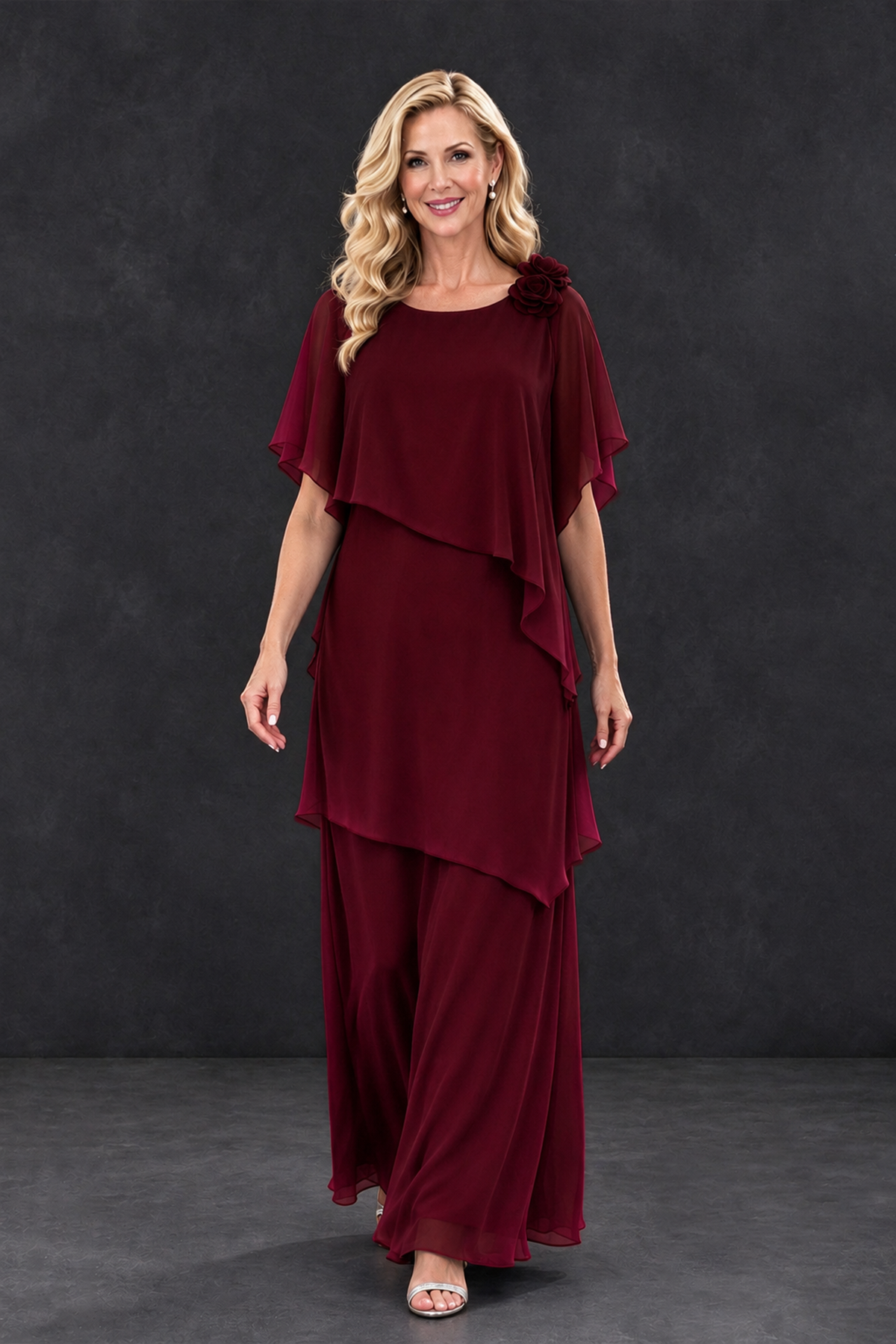 BOLODOO Burgundy Tiered Flutter Sleeve Mother of the Bride Maxi Dress - Burgundy - Burgundy_4