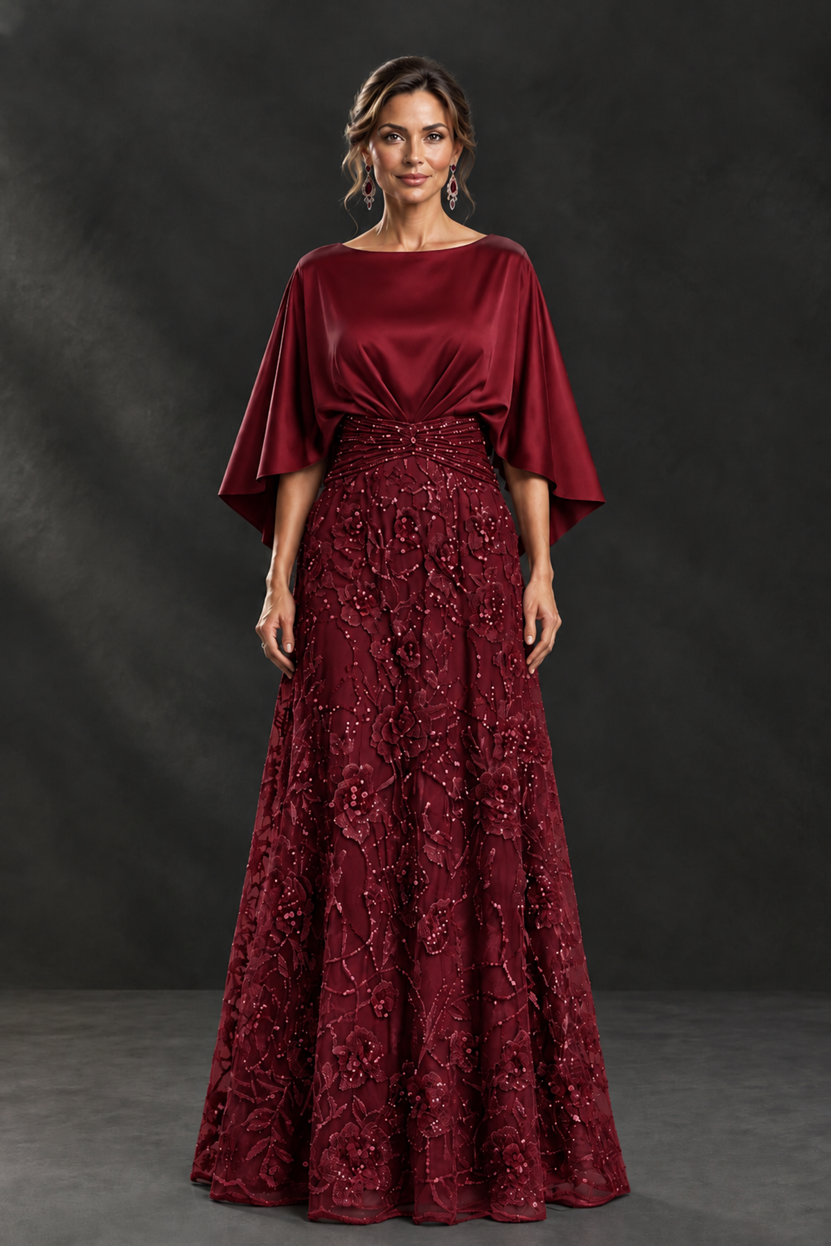 BOLODOO Burgundy Cape Sleeve Floral Mother of the Bride Dress - Burgundy - Burgundy_4