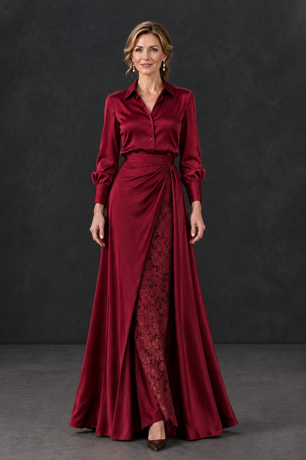 BOLODOO Burgundy Long Sleeve Satin-Look Lace Panel Gown - Burgundy - Burgundy_4