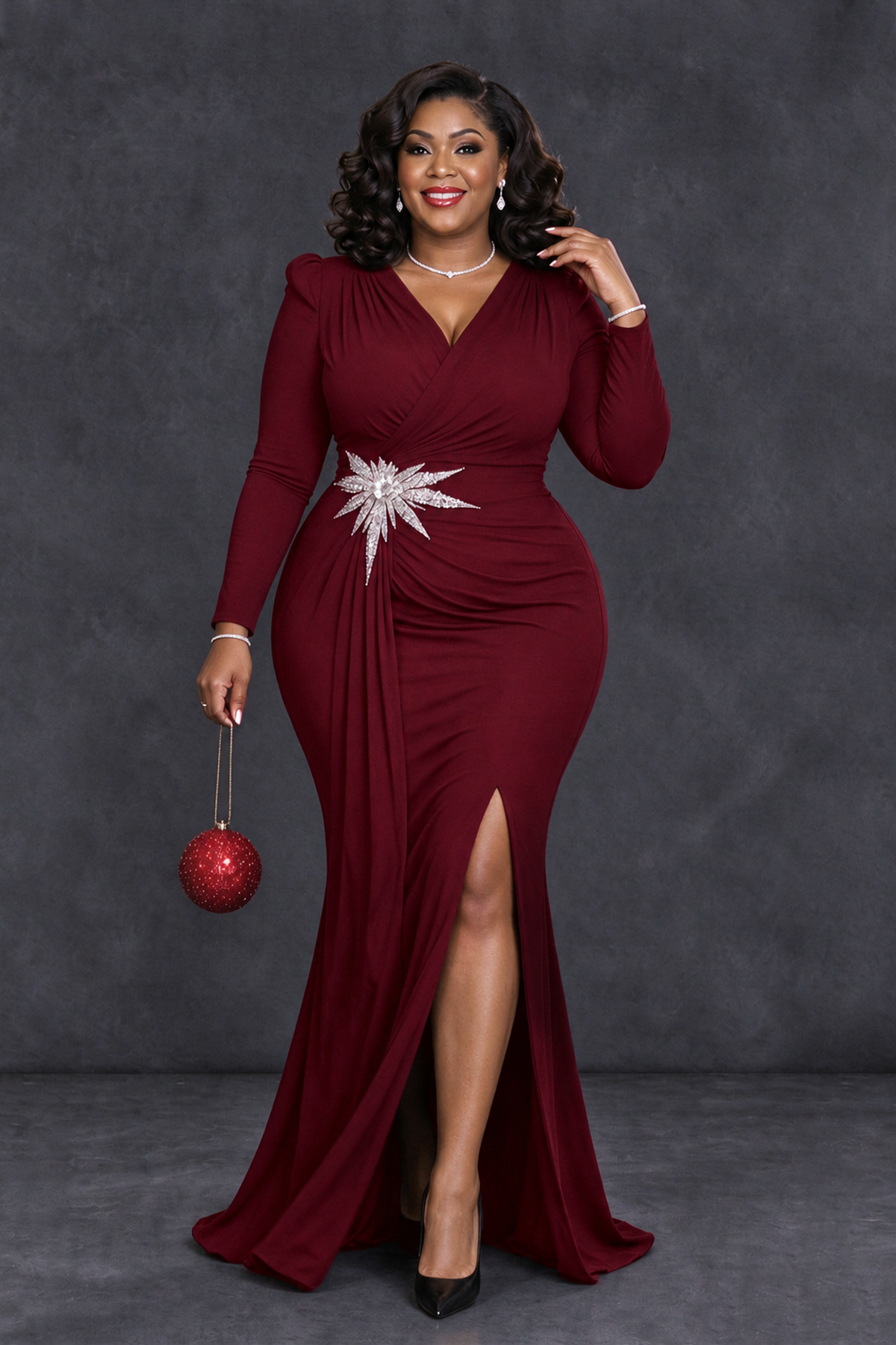BOLODOO Burgundy Plus Size Long Sleeve V-Neck Mother of the Bride Dress with Slit - Burgundy - Burgundy_4