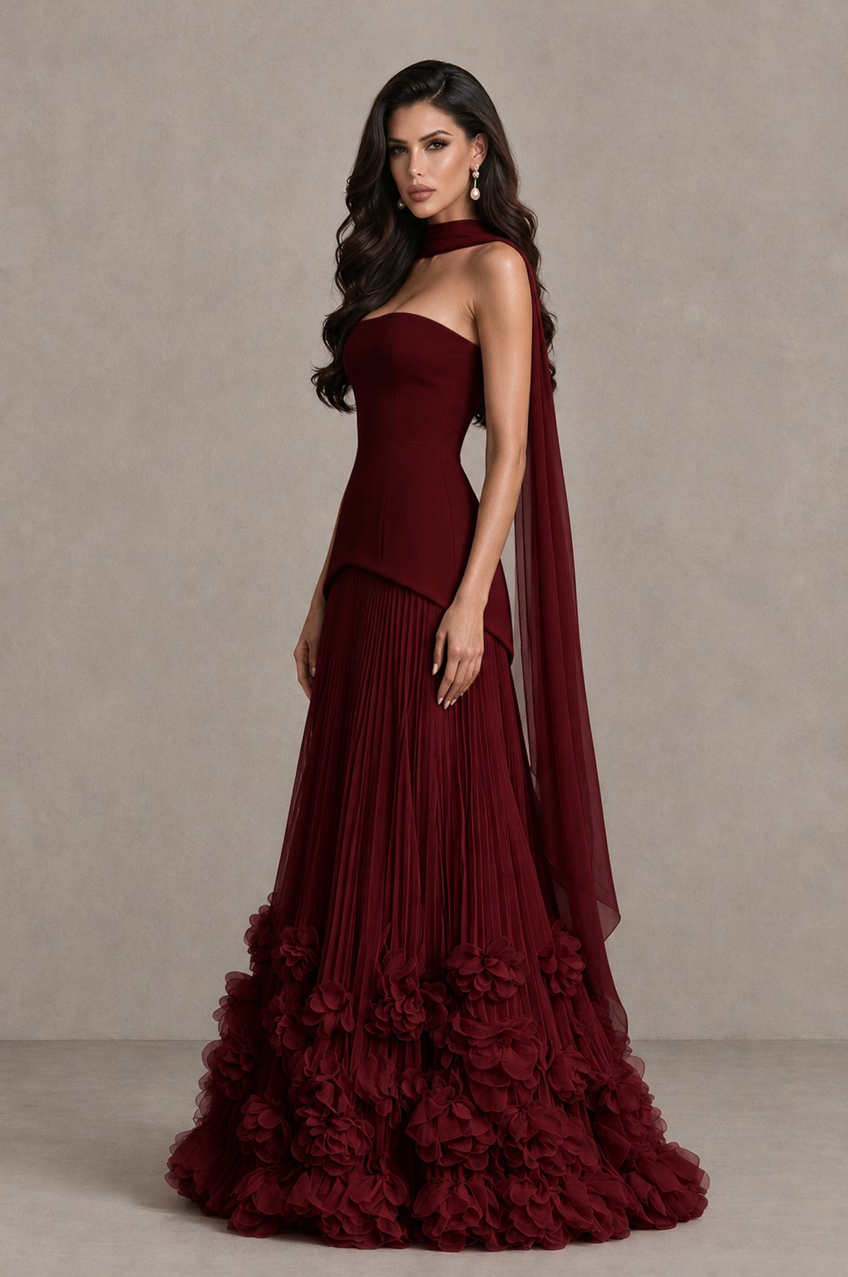 BOLODOO Burgundy Strapless Pleated Floral Hem Evening Gown - Burgundy - Burgundy_4