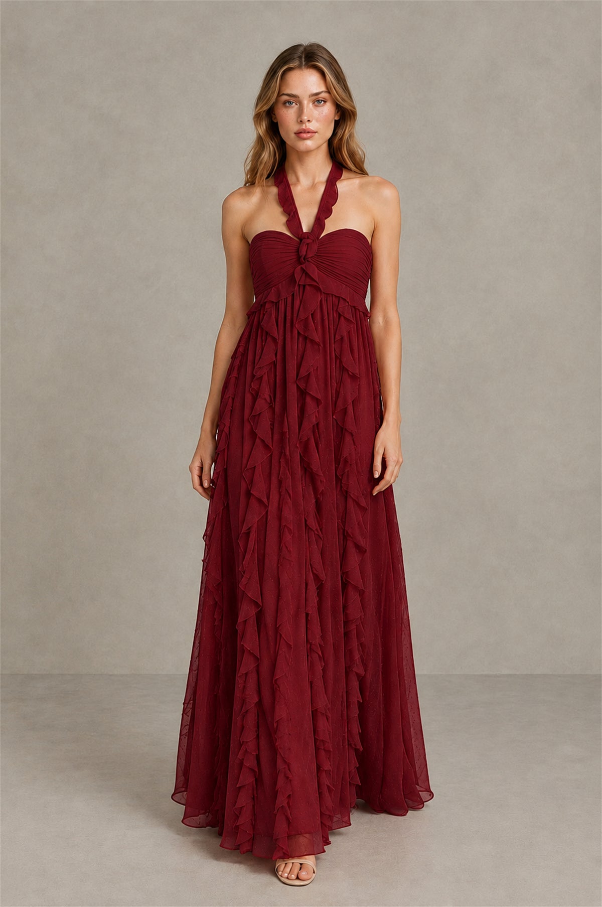 BOLODOO Burgundy Halter Ruffle A-Line Floor-Length Evening Dress - Burgundy - Burgundy_4
