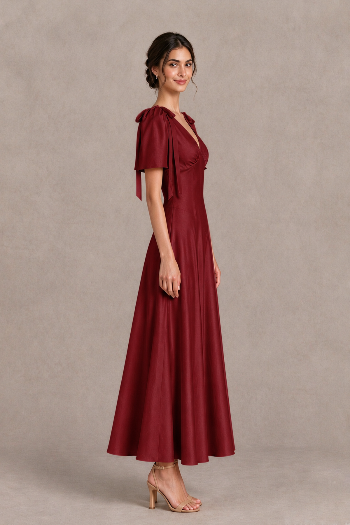BOLODOO Burgundy V-Neck Short Sleeve Satin-Look Bridesmaid Dress with Shoulder Bows - Burgundy - Burgundy_4