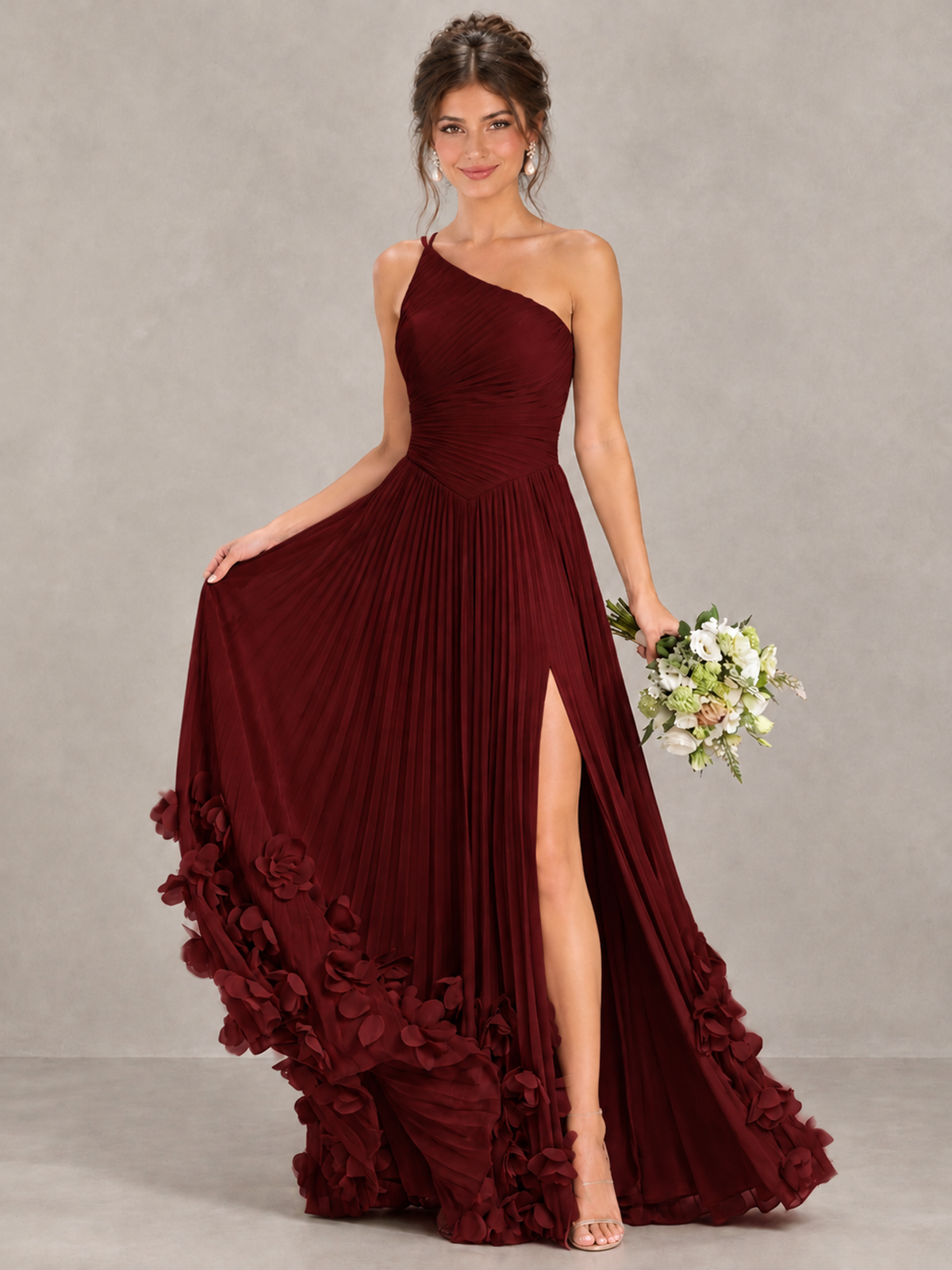 BOLODOO Burgundy One-Shoulder Pleated Bridesmaid Dress with 3D Floral Hem - Burgundy - Burgundy_4