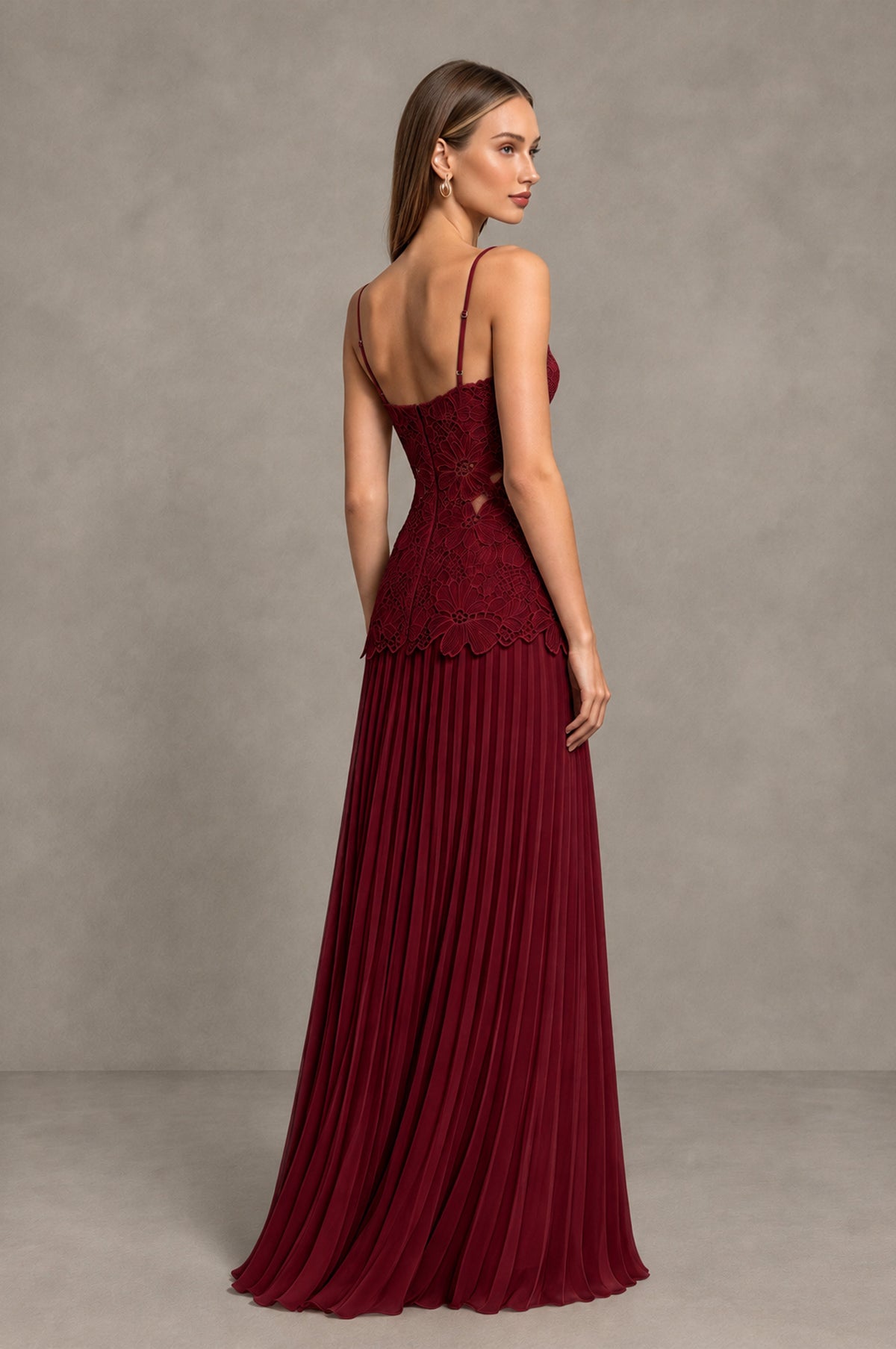 BOLODOO Burgundy Lace Bodice Pleated Wedding Guest Dress - Burgundy - Burgundy_4