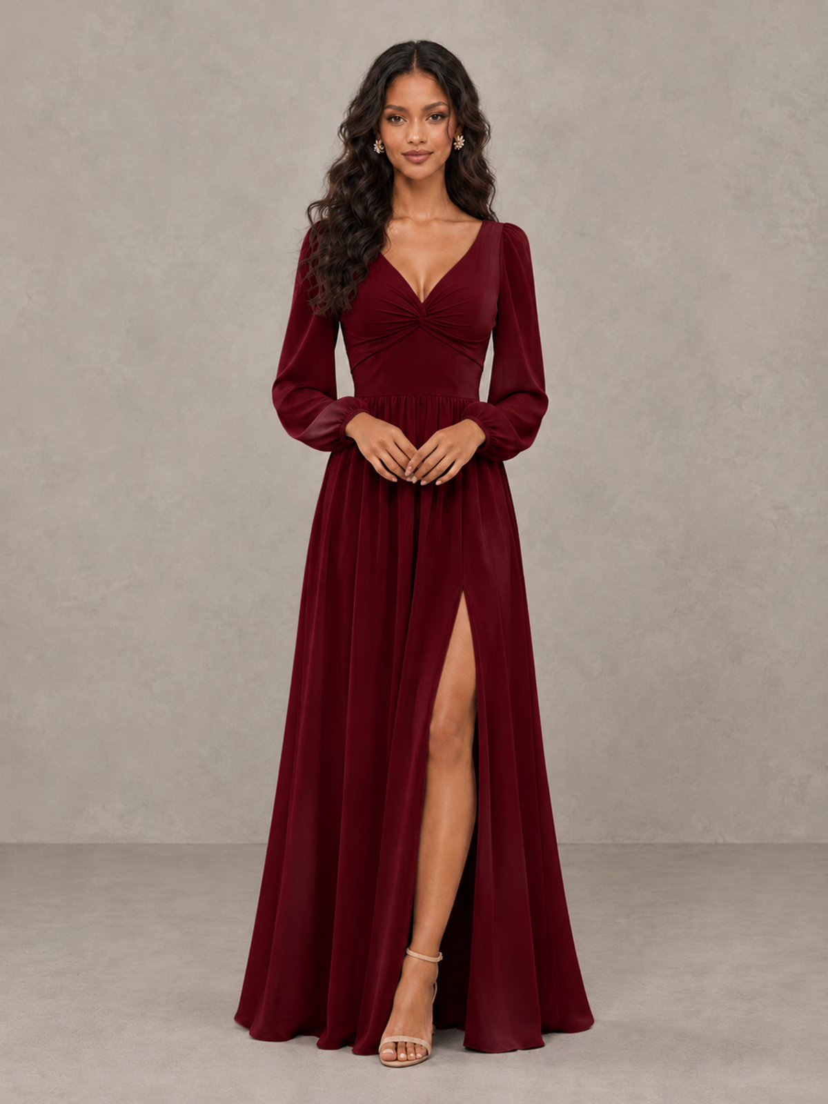 BOLODOO Burgundy V-Neck Long Sleeve Bridesmaid Dress with Tie Back and Slit - Burgundy - Burgundy_4