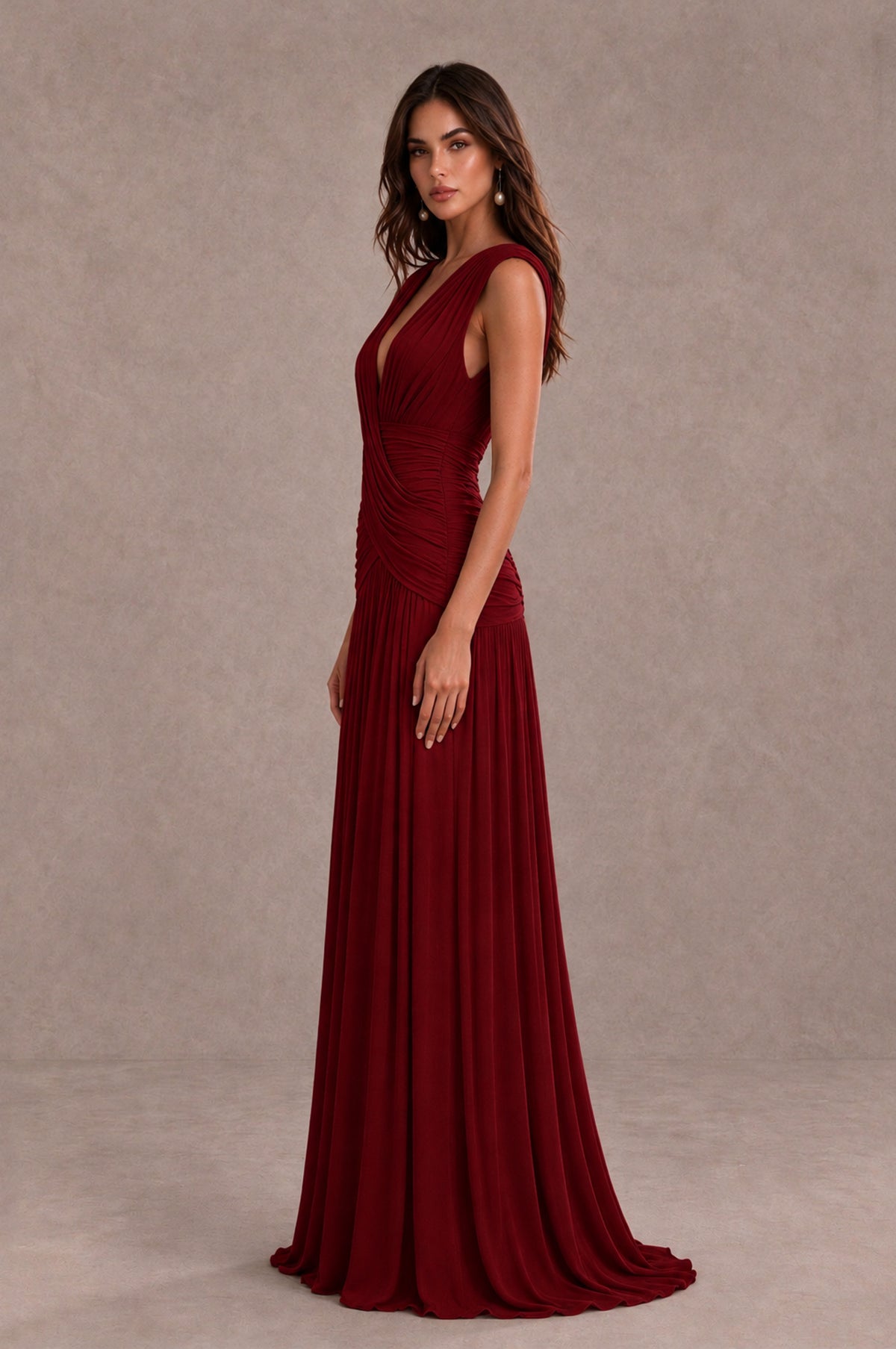 BOLODOO Burgundy V-Neck Ruched Wedding Guest Dress - Burgundy - Burgundy_4