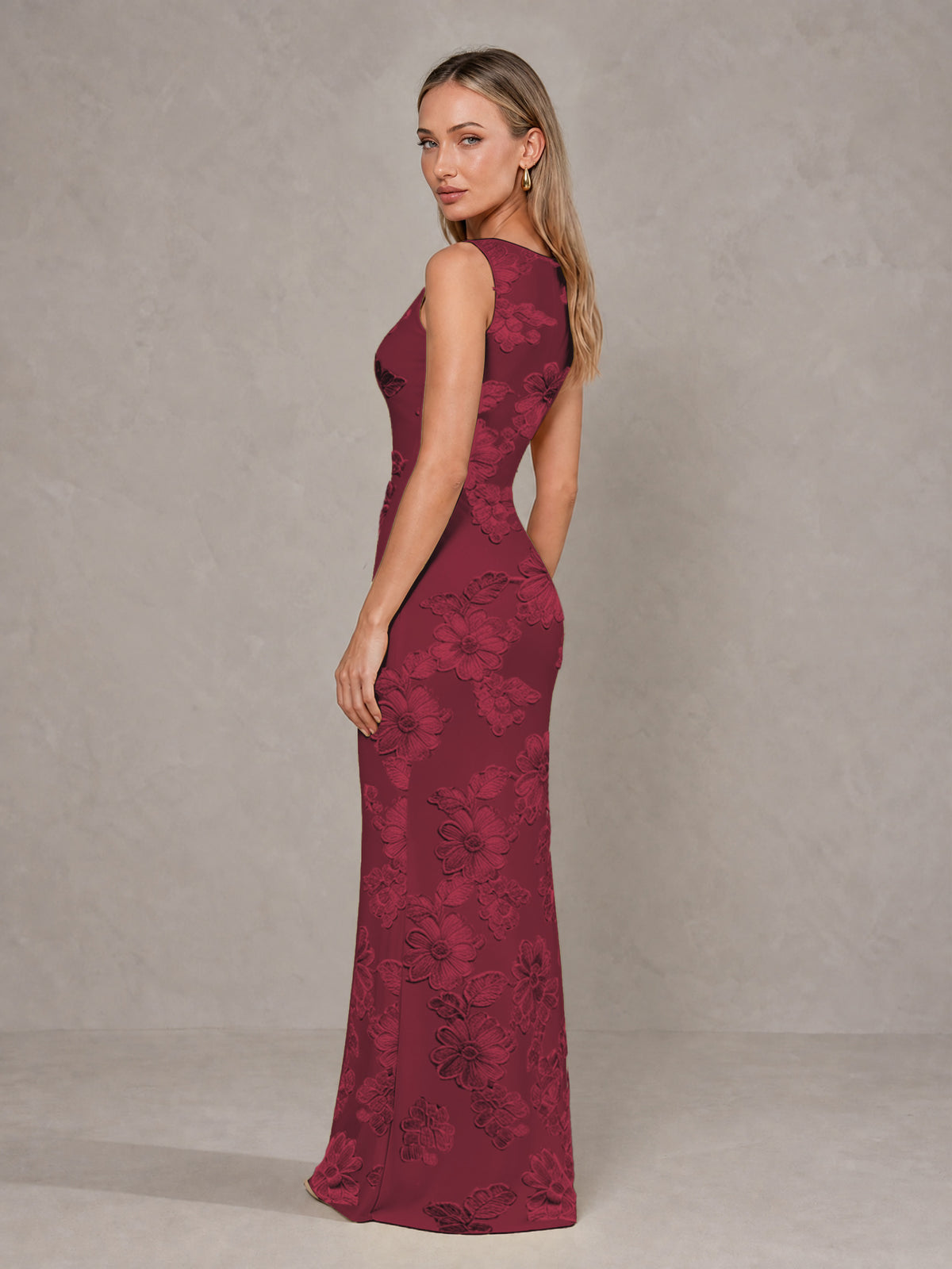 BOLODOO Burgundy Floral Sleeveless Maxi Wedding Guest Dress - Burgundy - Burgundy(4)