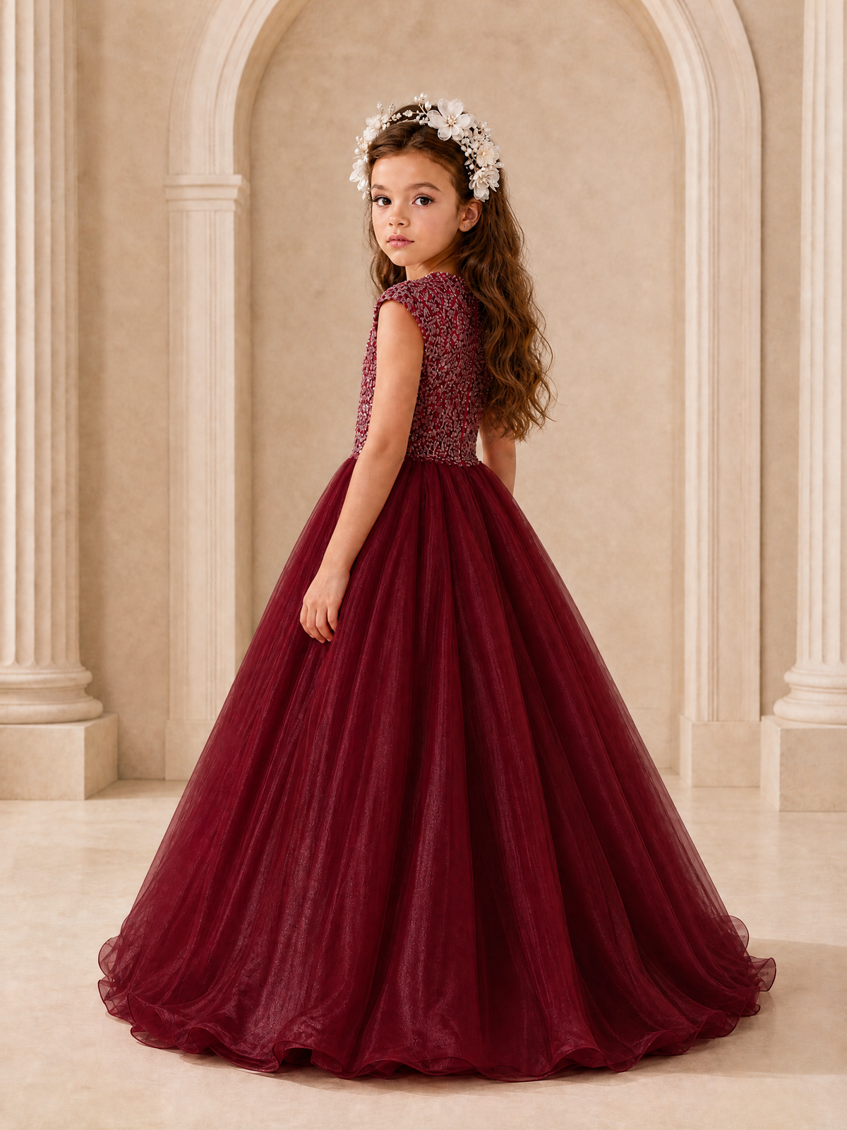 BOLODOO Burgundy Sequin Tulle Flower Girl Dress with Cap Sleeves - Burgundy - Burgundy_4