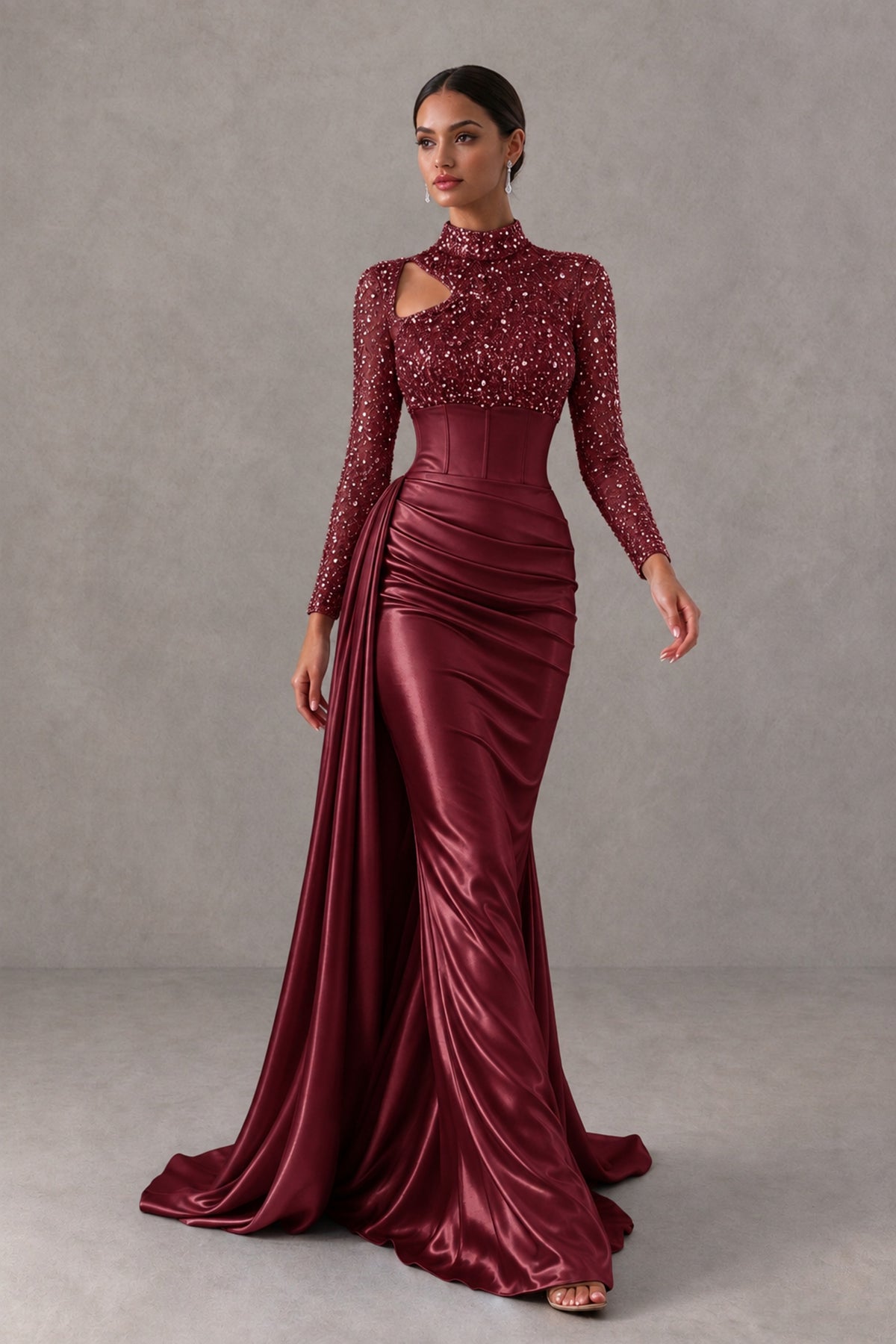 BOLODOO Burgundy Long Sleeve Embellished Satin Mermaid Evening Gown - Burgundy - Burgundy_4