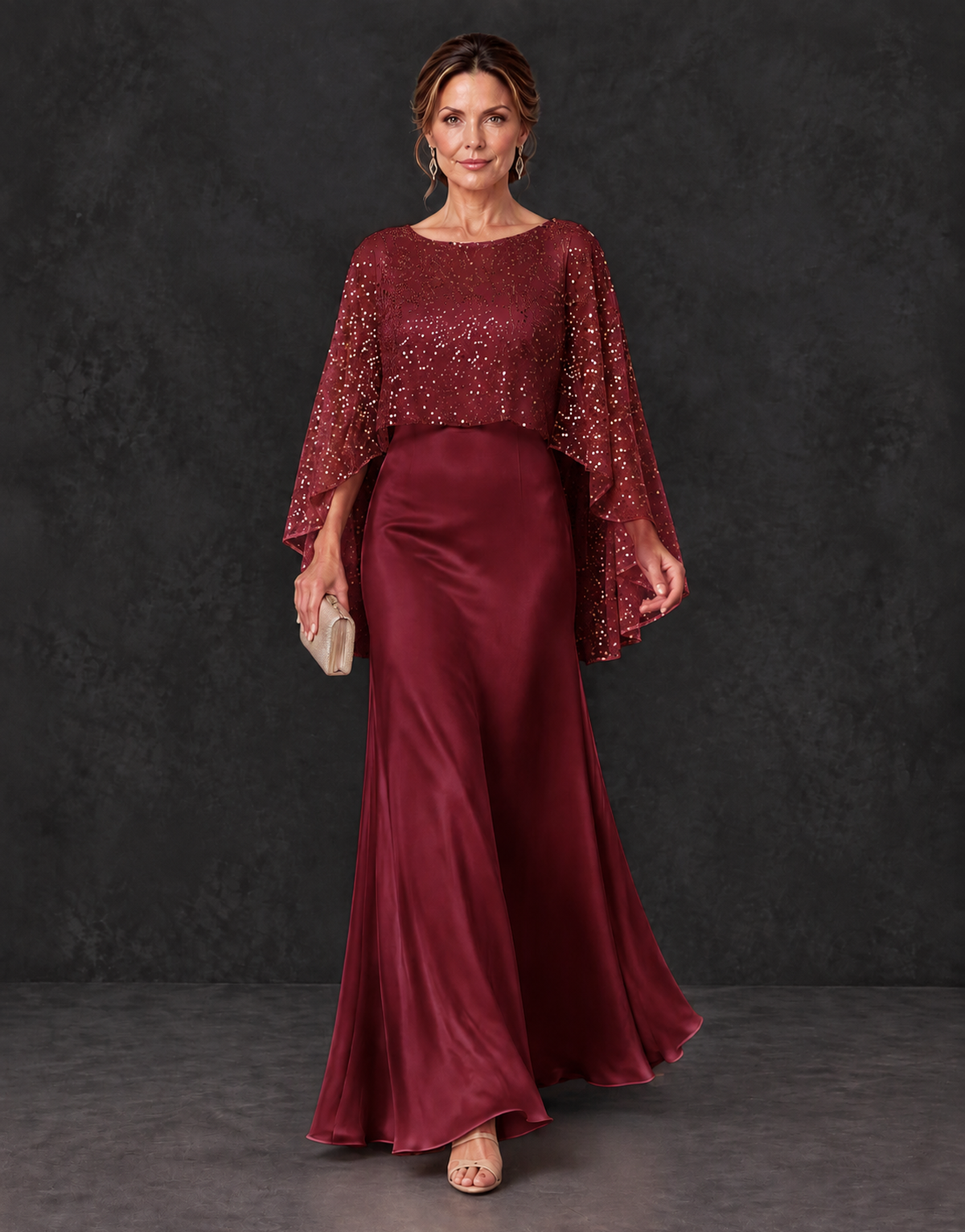 BOLODOO Burgundy Sparkle Cape Sleeve Mother of the Bride Dress - Burgundy - Burgundy_4