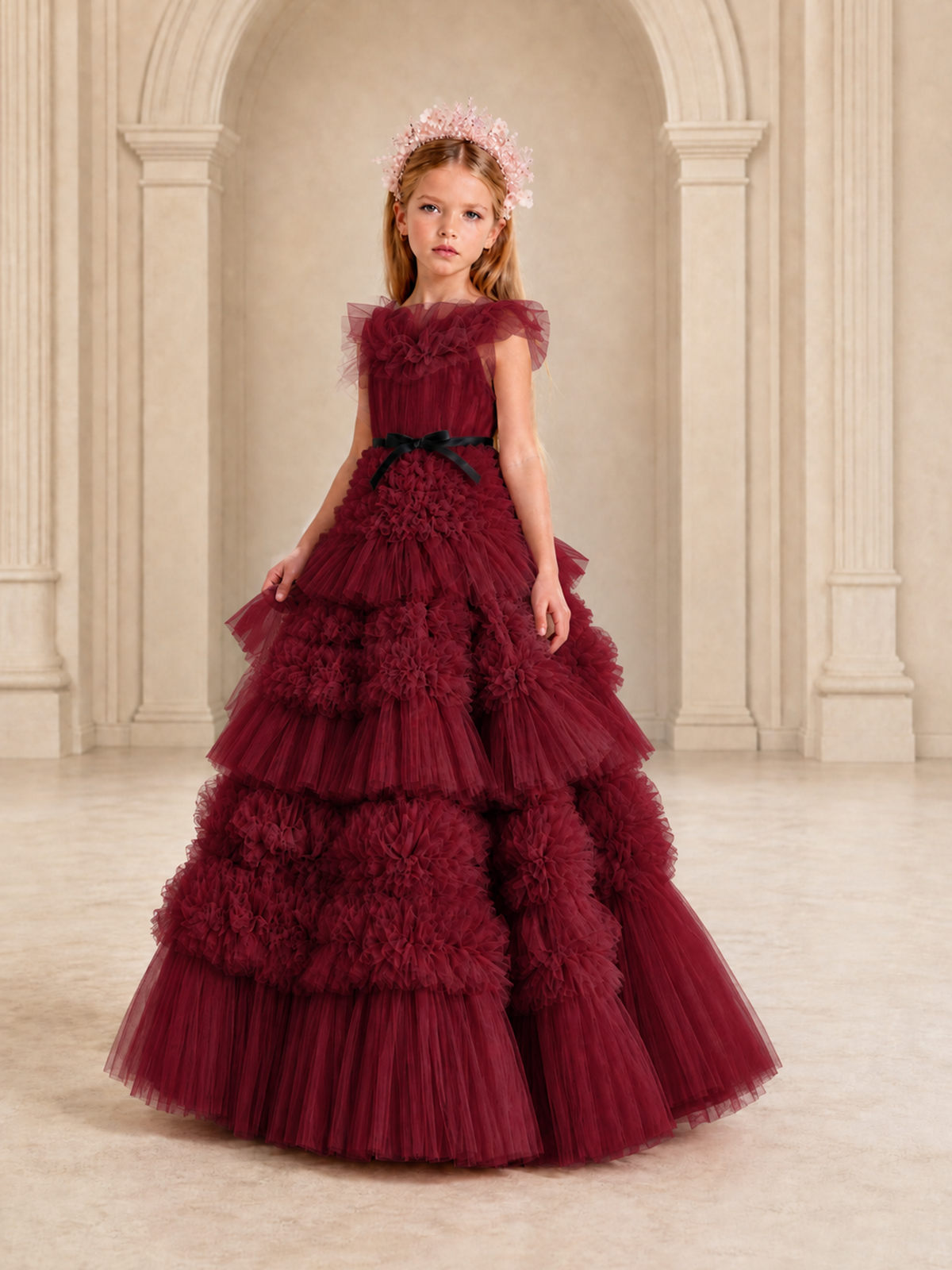 BOLODOO Burgundy Tiered Tulle Flower Girl Dress with Floral Appliques - Burgundy - Burgundy_4