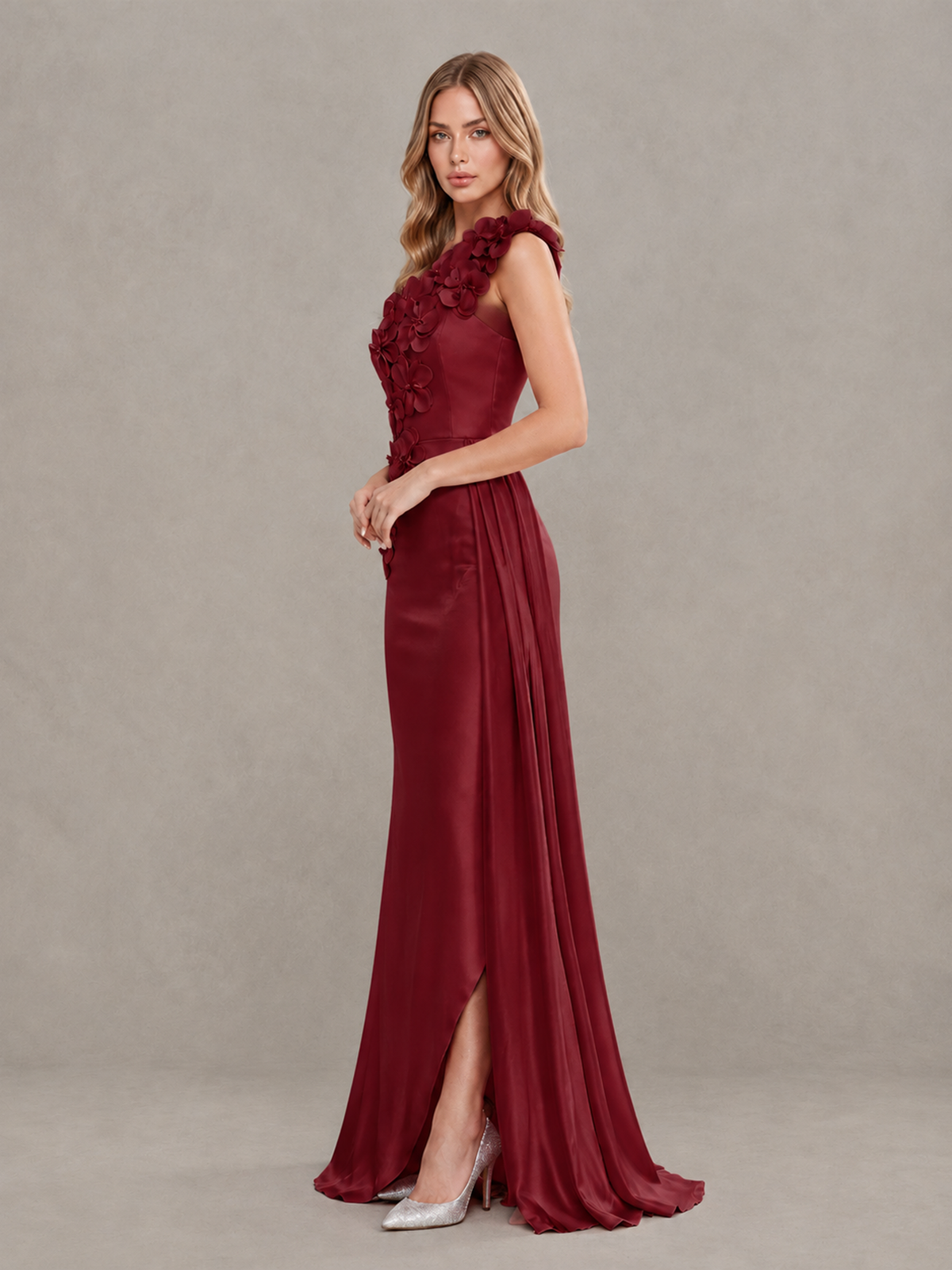 BOLODOO Burgundy One-Shoulder Satin Mermaid Evening Gown with 3D Floral Appliqué - Burgundy - Burgundy_4