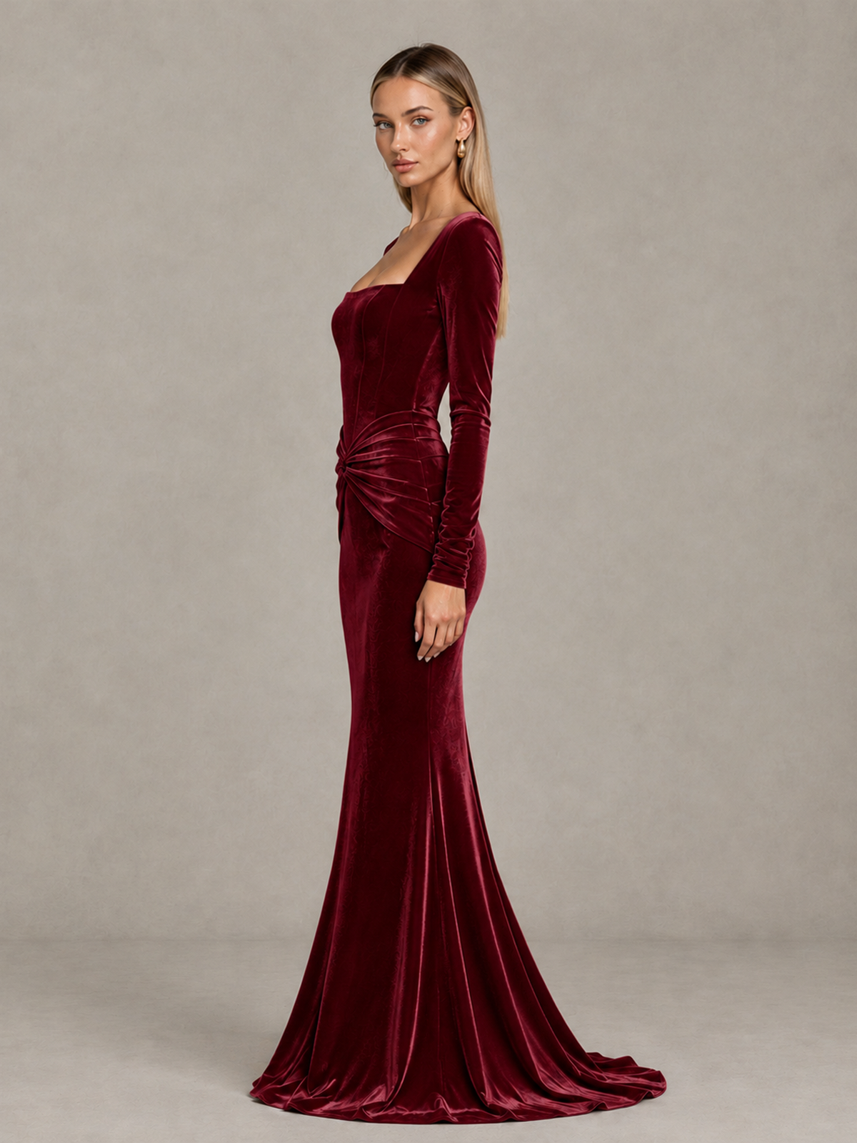 BOLODOO Burgundy Velvet-Look Square Neck Long Sleeve Mermaid Evening Dress - Burgundy - Burgundy_4