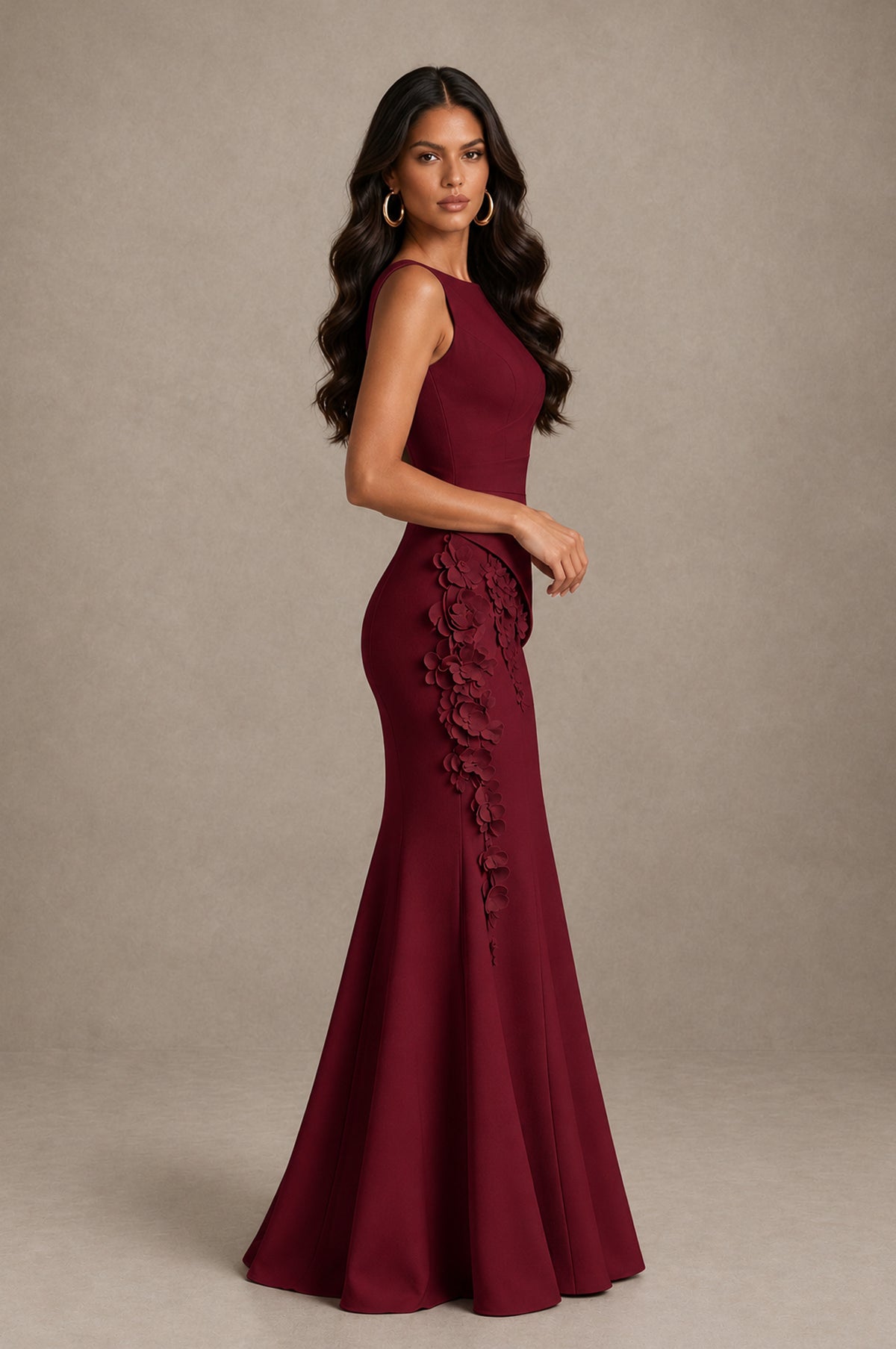 BOLODOO Burgundy Bateau Neck Sleeveless Asymmetric Peplum 3D Petal Appliqué Mermaid Gown BD0421 - Burgundy - Burgundy_4