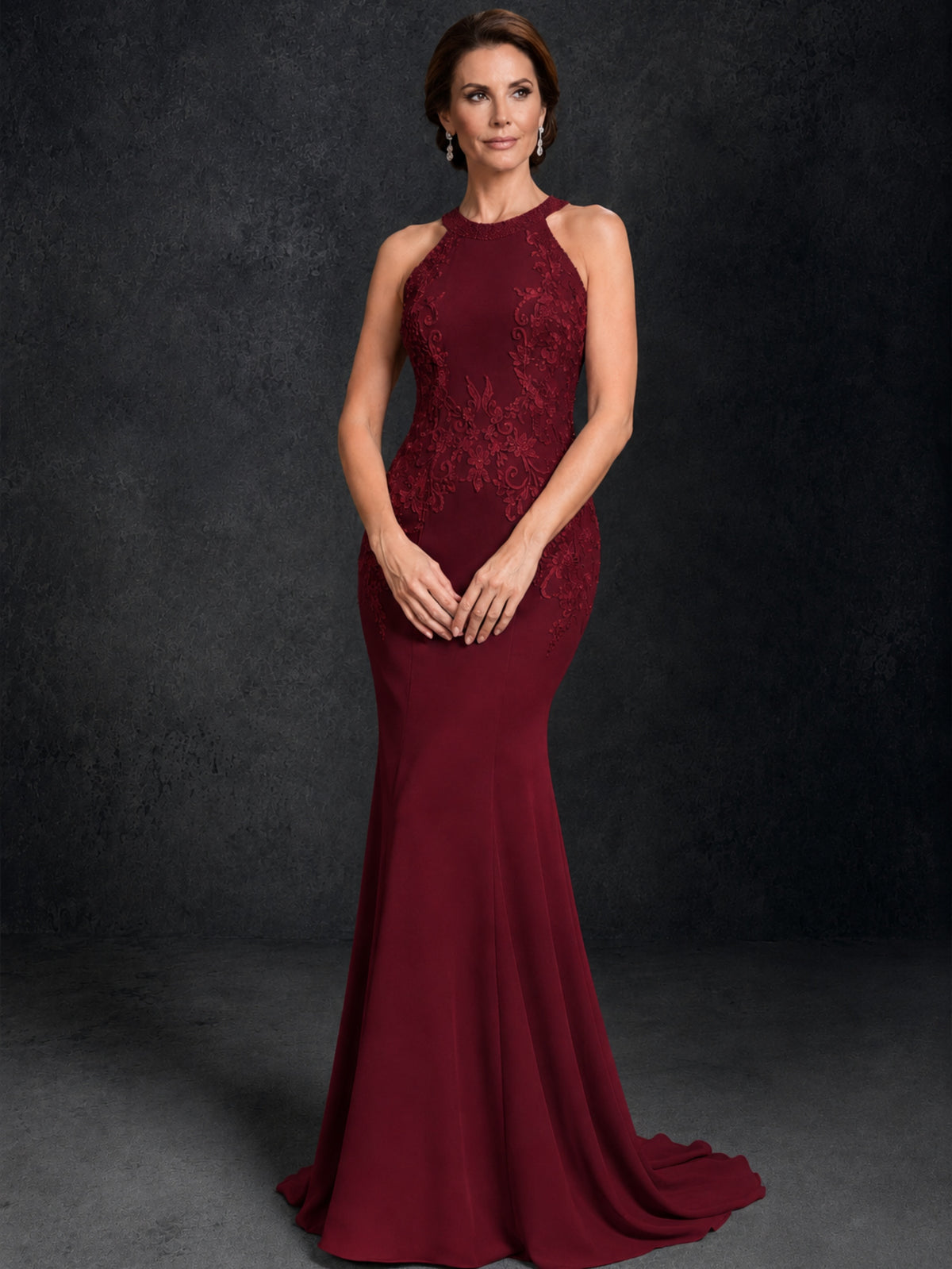 BOLODOO Burgundy Lace Applique Halter Neck Sheer Back Mermaid Maxi Dress with Sweep Train - Burgundy