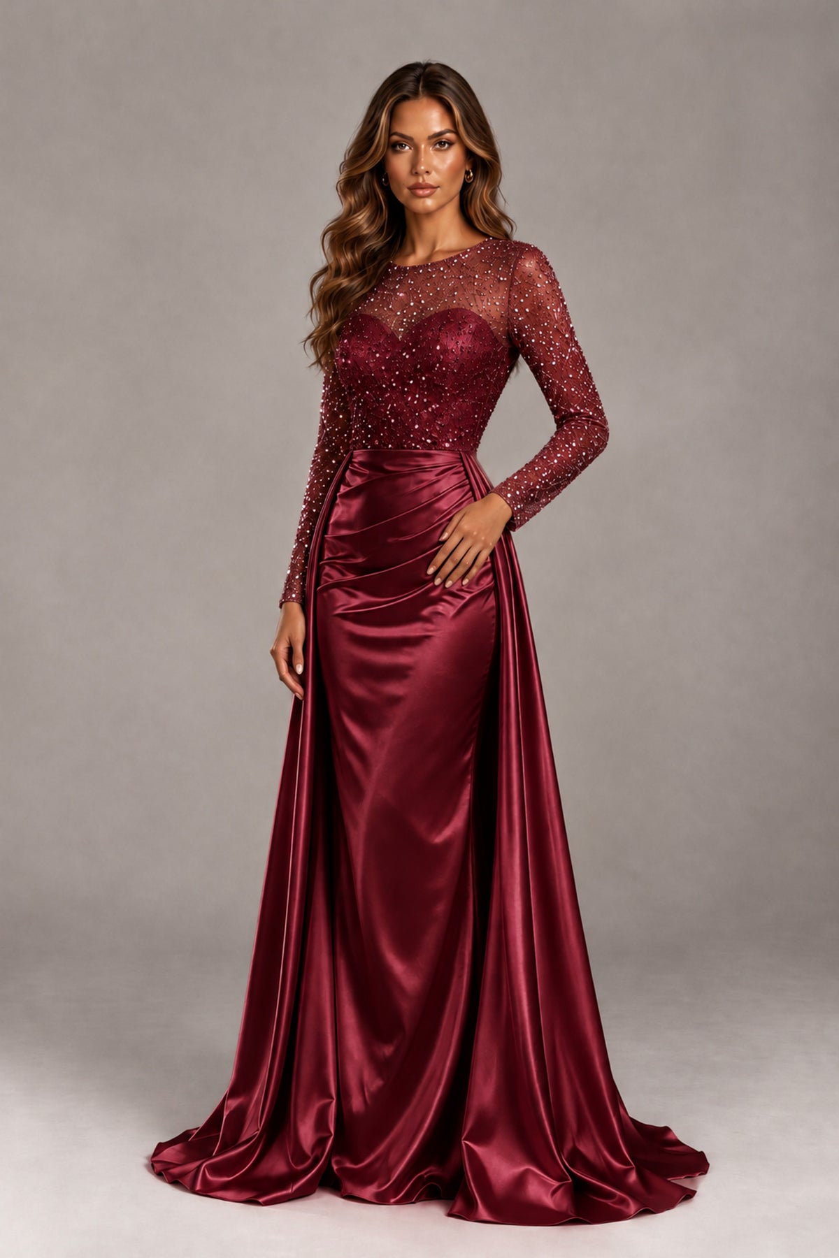 BOLODOO Burgundy Long Sleeve Embellished Satin Evening Gown with Sweep Train - Burgundy - Burgundy_4