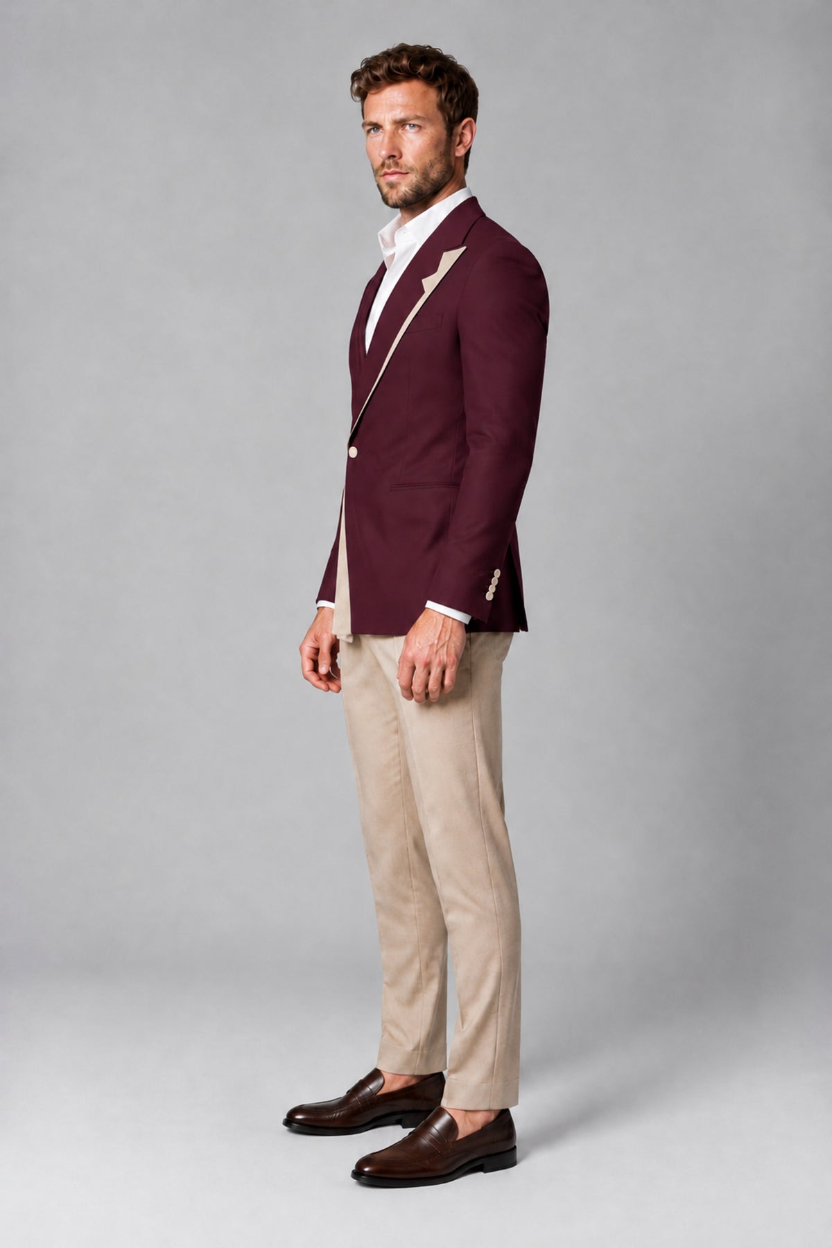 BOLODOO Men's Burgundy Double-Breasted Blazer & Khaki Trousers Tuxedo 2-Piece Suit Set - Burgundy - Burgundy_4