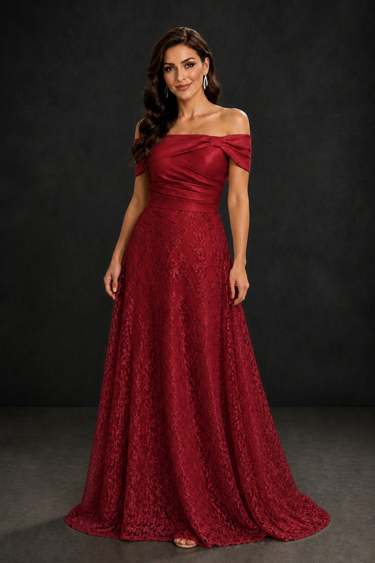 BOLODOO Burgundy Lace Glitter Off Shoulder Cap Sleeve A-Line Ball Gown with Train – Formal Evening Dress - Burgundy