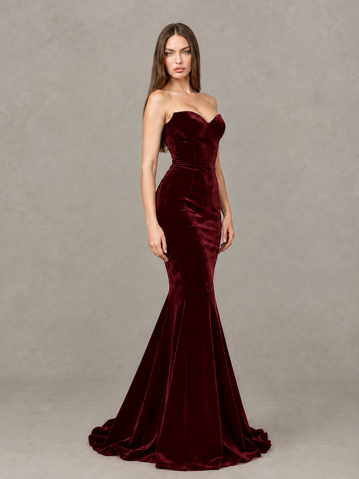 BOLODOO Burgundy Strapless Sweetheart Velvet-Look Mermaid Evening Dress - Burgundy - Burgundy_4