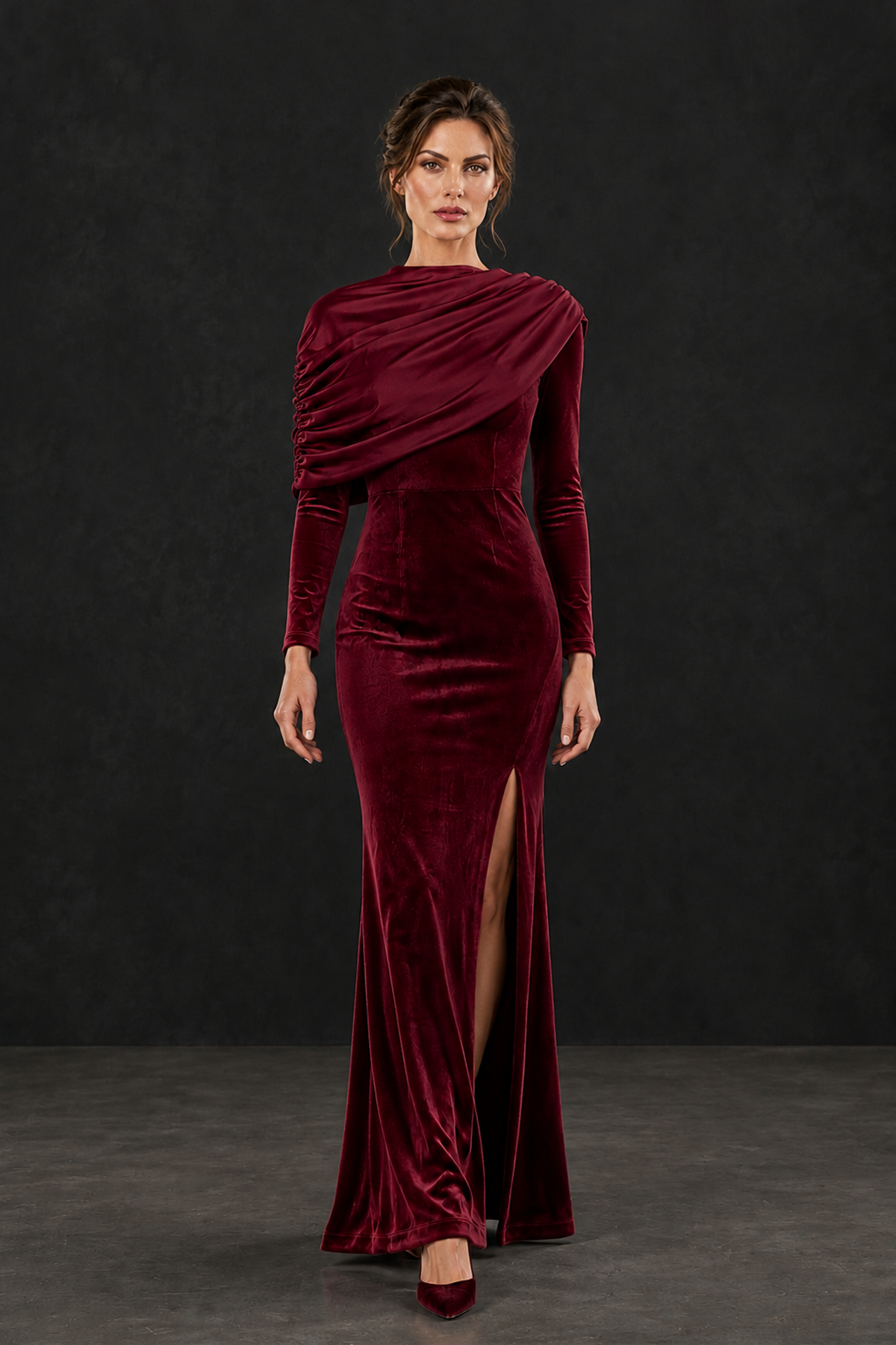 BOLODOO Burgundy Velvet Long Sleeve Draped Mother of the Bride Dress - Burgundy - Burgundy_4