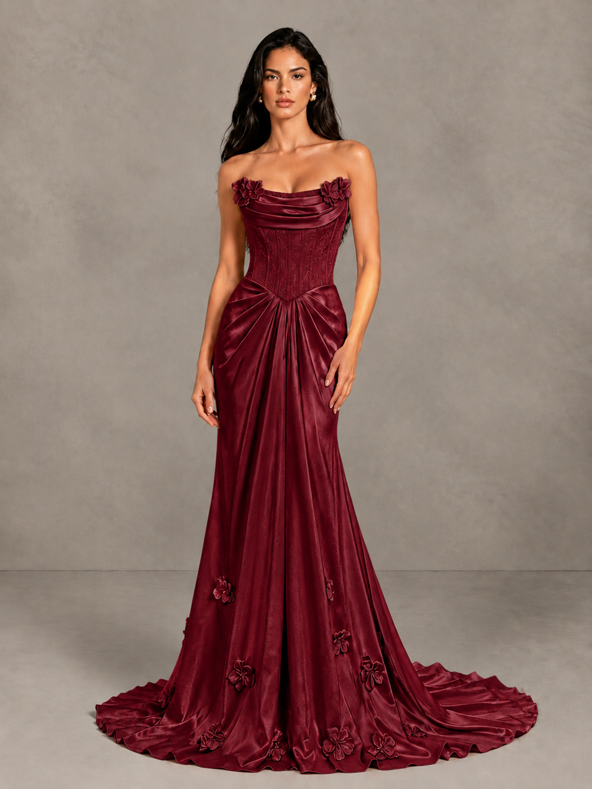 BOLODOO Burgundy Strapless Floral Corset Evening Gown with Train - Burgundy - Burgundy_4
