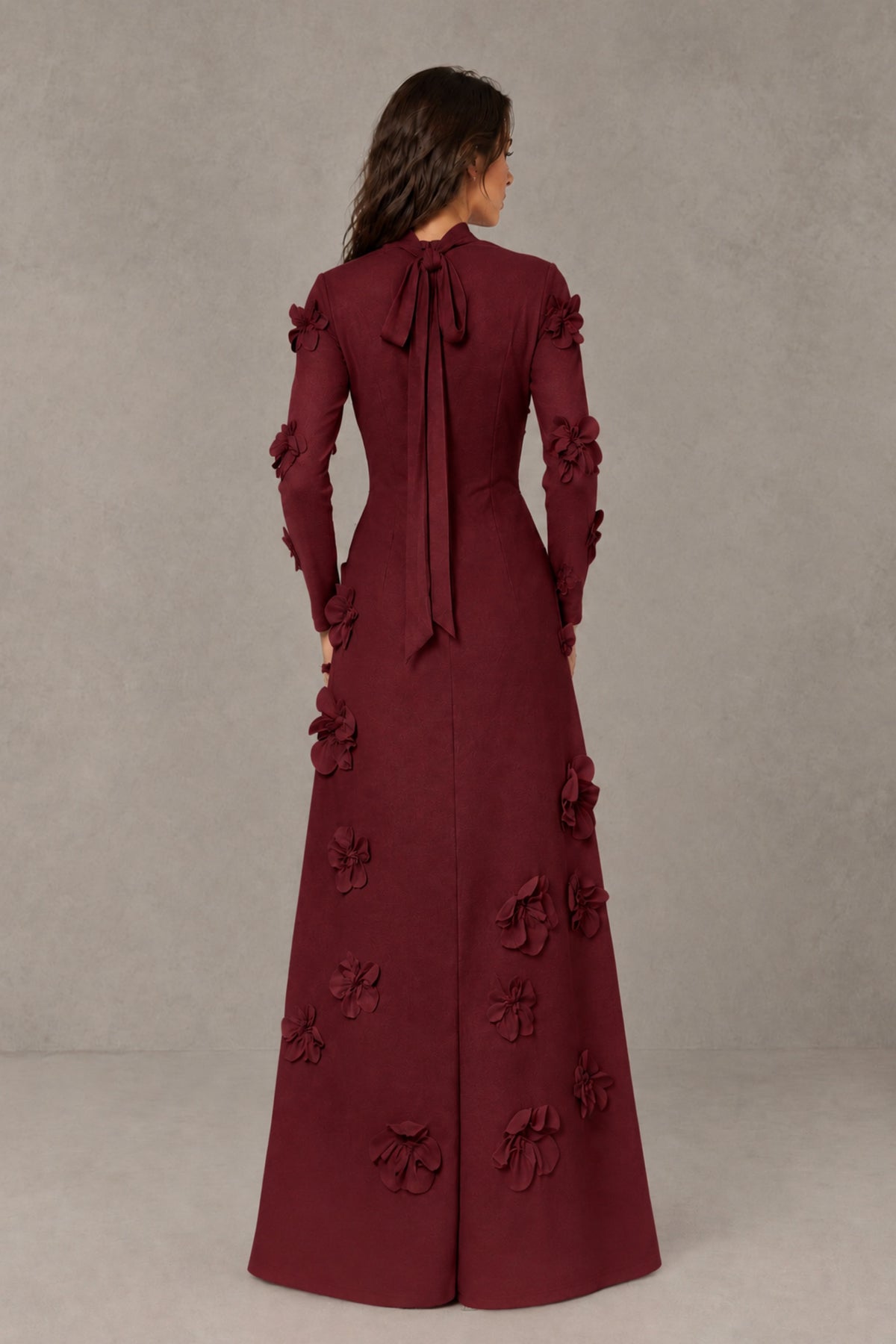 BOLODOO Burgundy High Neck Long Sleeve 3D Floral Evening Gown - Burgundy